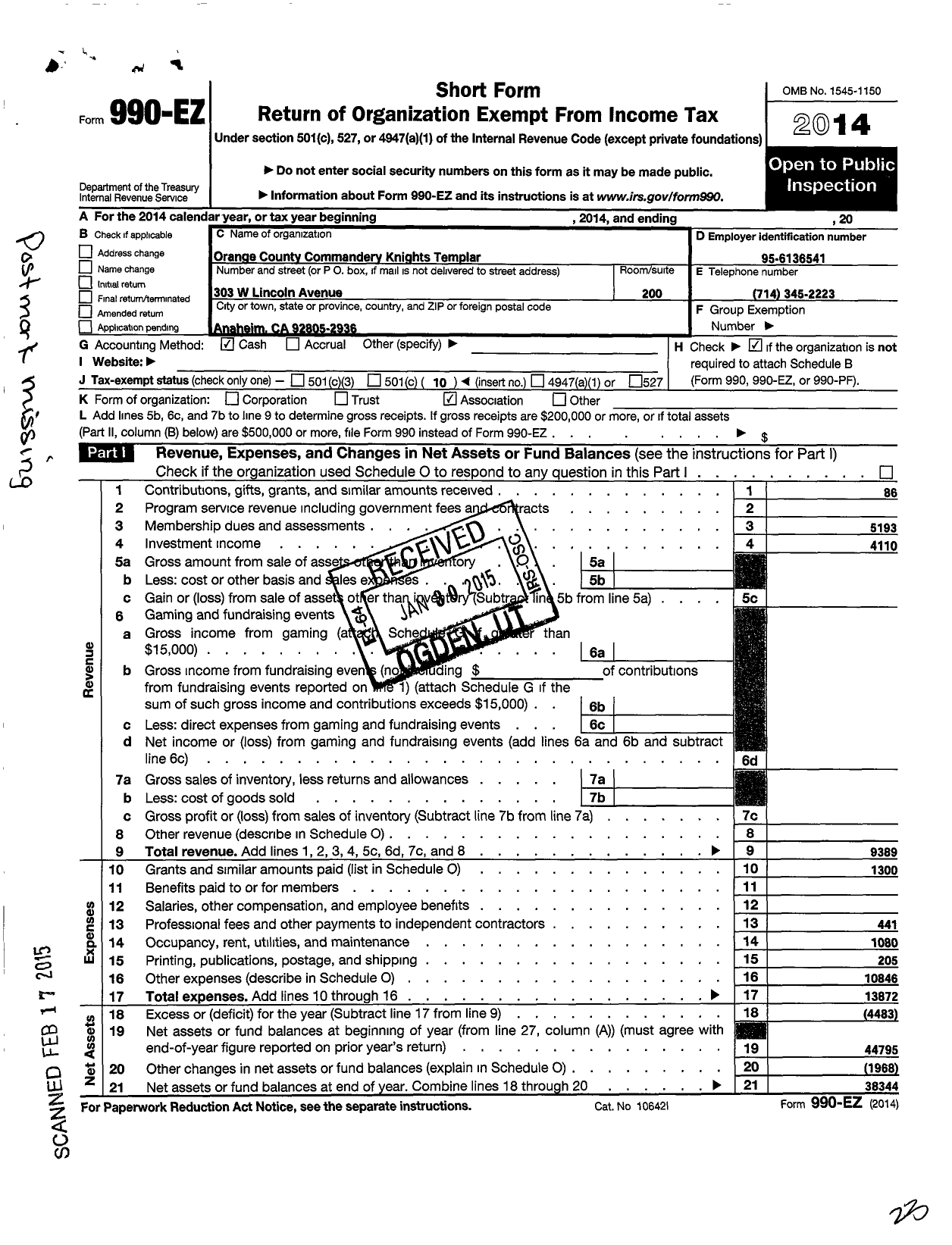 Image of first page of 2014 Form 990EO for Knights Templar - 36 Orange Country Commandery