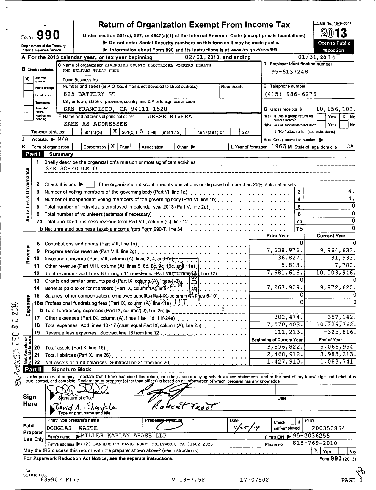 Image of first page of 2013 Form 990O for Riverside County Electrical Workers Health and Welfare Trust Fund