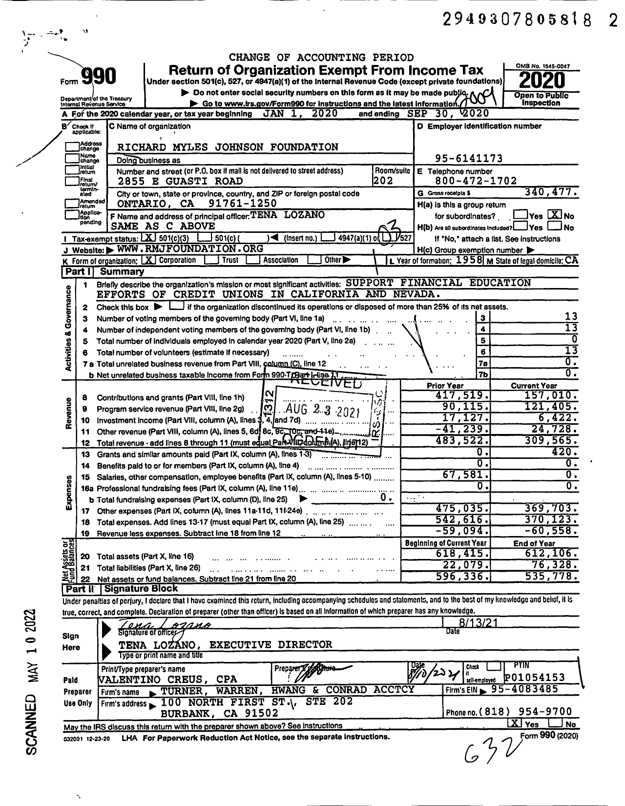 Image of first page of 2019 Form 990 for Richard Myles Johnson Foundation