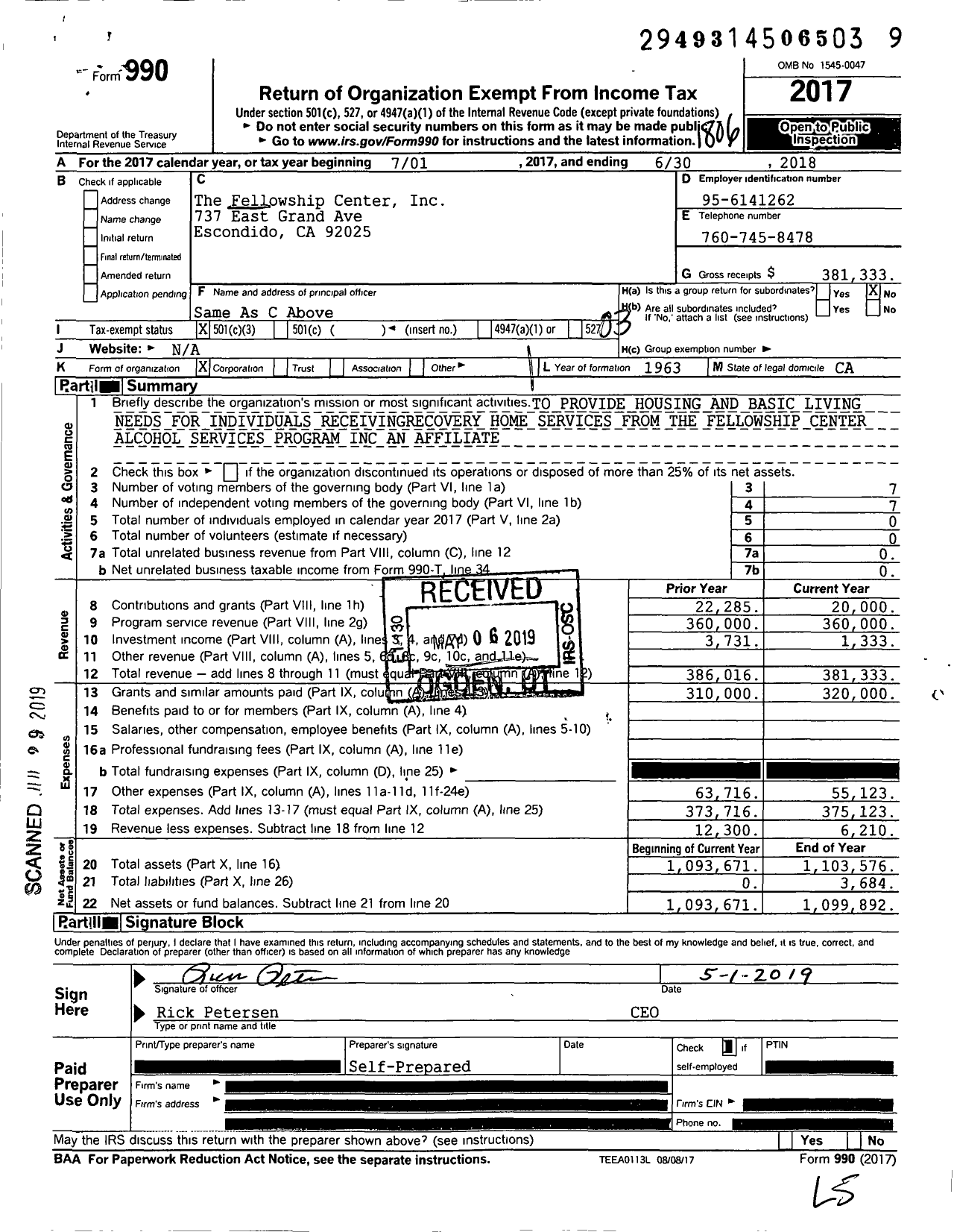 Image of first page of 2017 Form 990 for The Fellowship Center