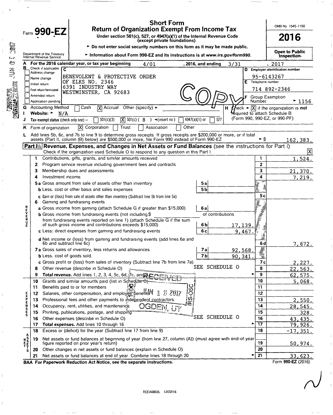 Image of first page of 2016 Form 990EO for Benevolent and Protective Order of Elks 2346