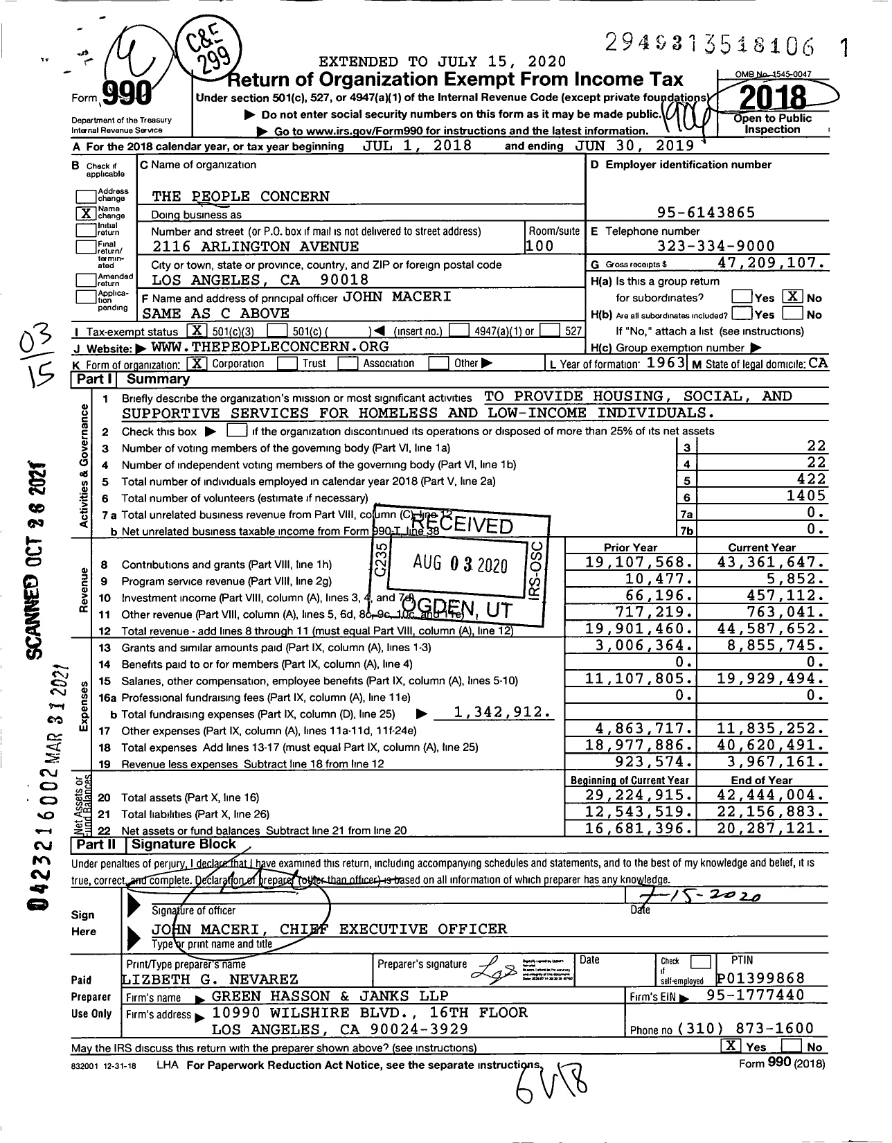 Image of first page of 2018 Form 990 for The People Concern (OPCC)