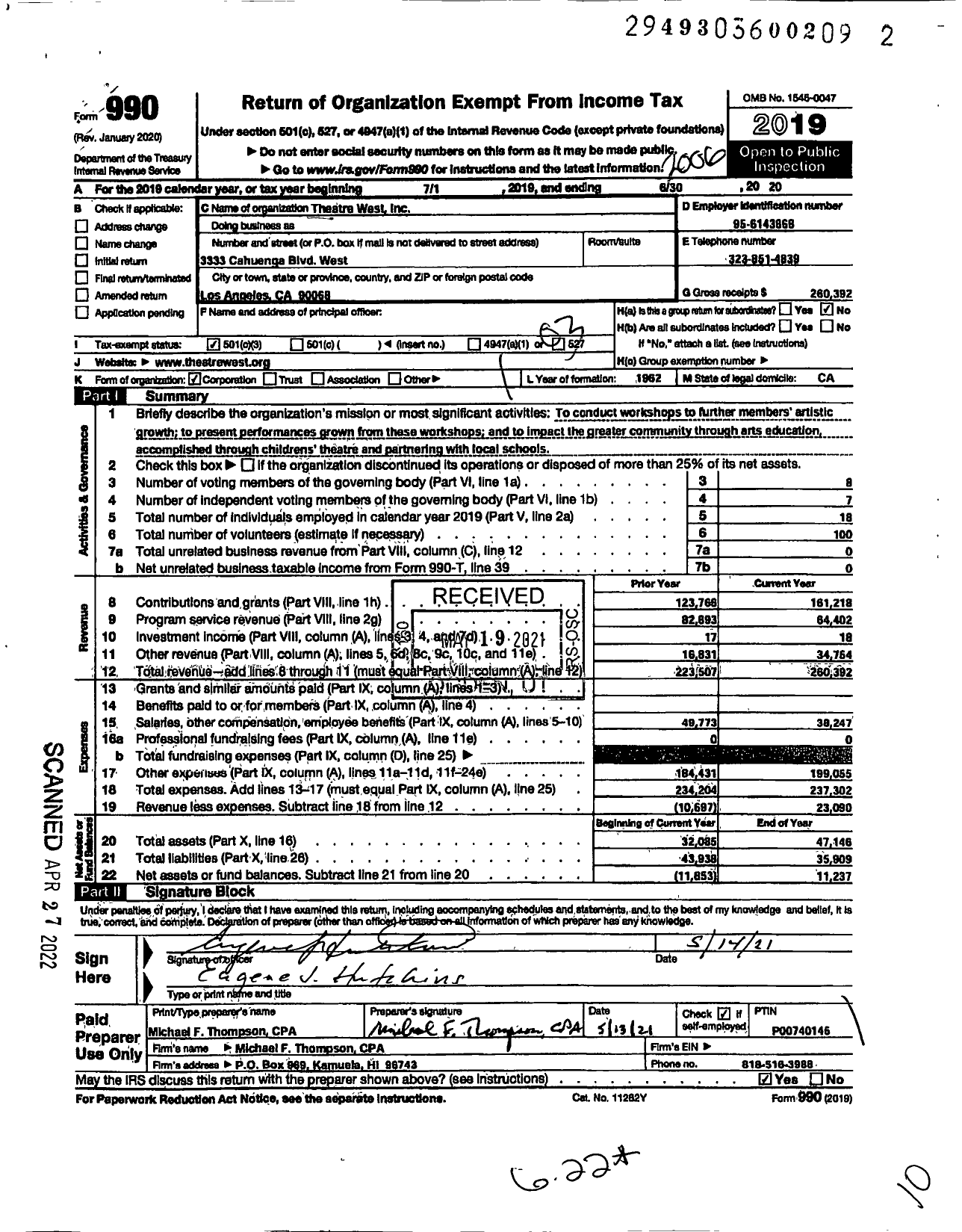 Image of first page of 2019 Form 990 for Theatre West