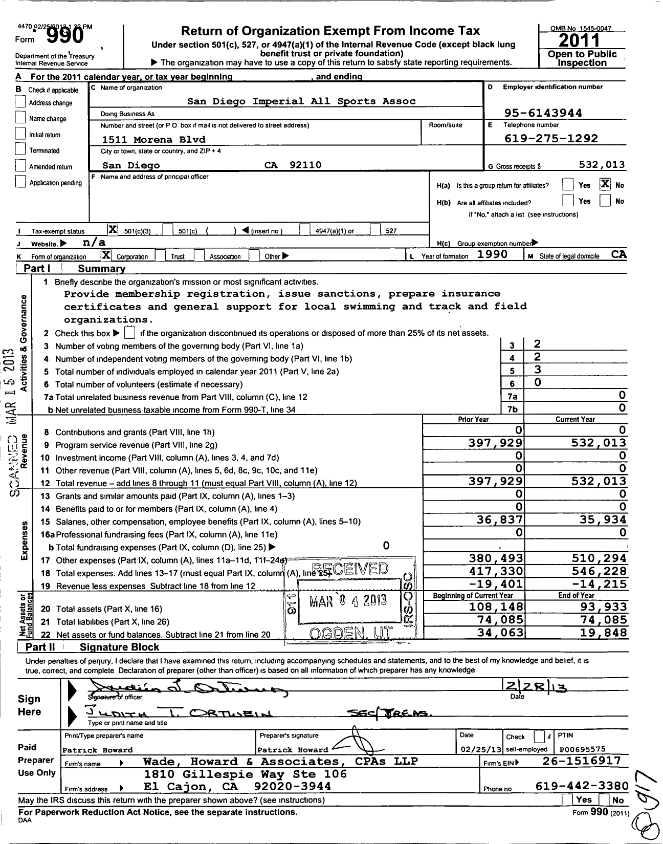 Image of first page of 2011 Form 990 for San Diego-Imperial All Sports Association