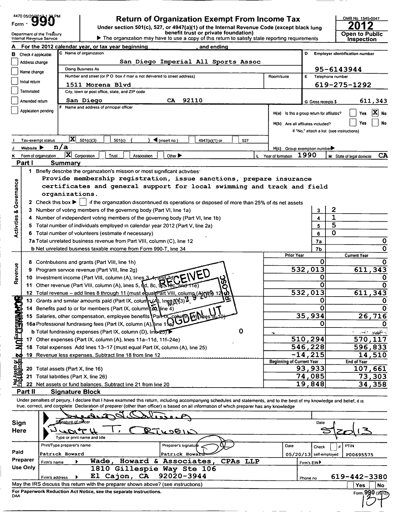 Image of first page of 2012 Form 990 for San Diego-Imperial All Sports Association
