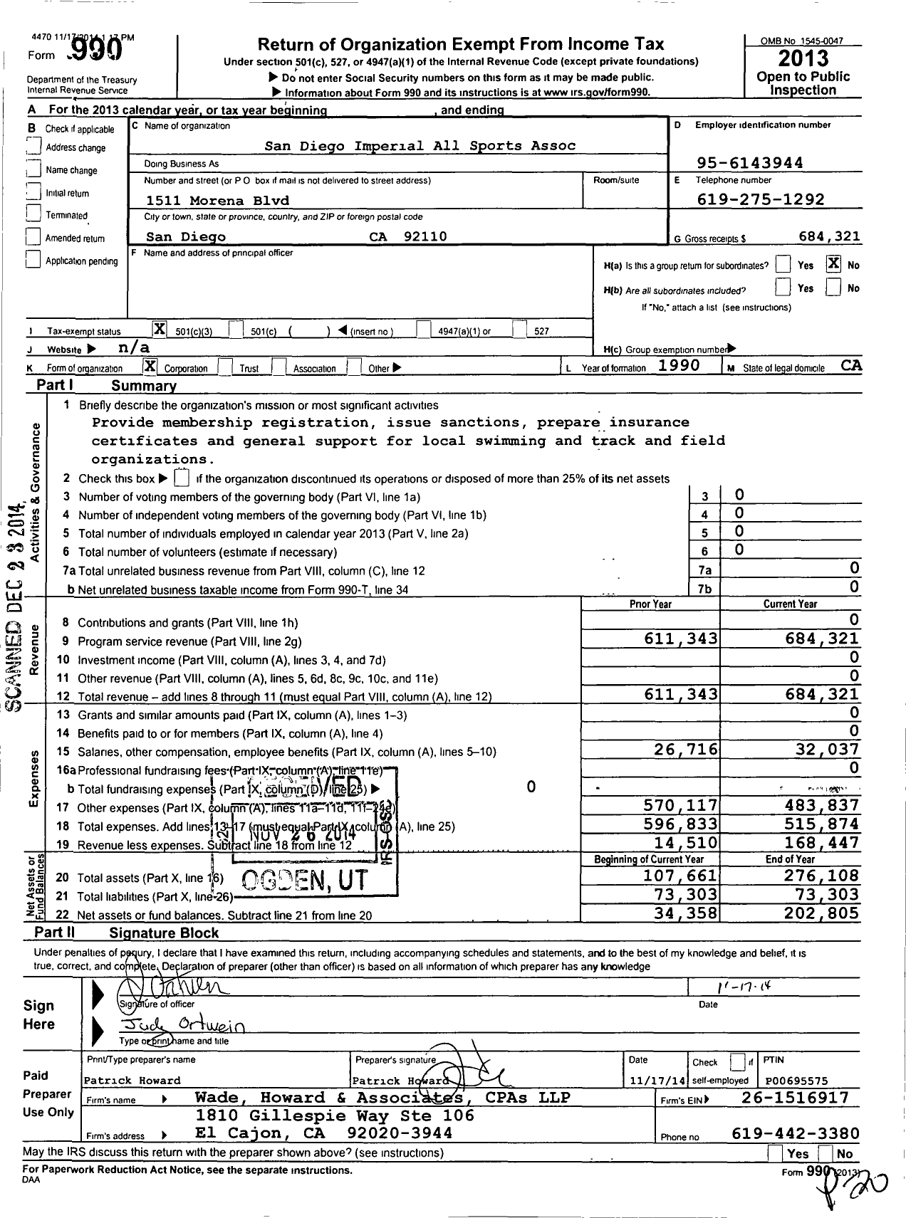 Image of first page of 2013 Form 990 for San Diego-Imperial All Sports Association