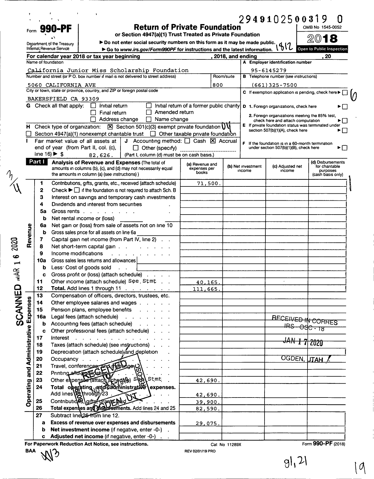 Image of first page of 2018 Form 990PR for California Junior Miss Scholarship Foundation