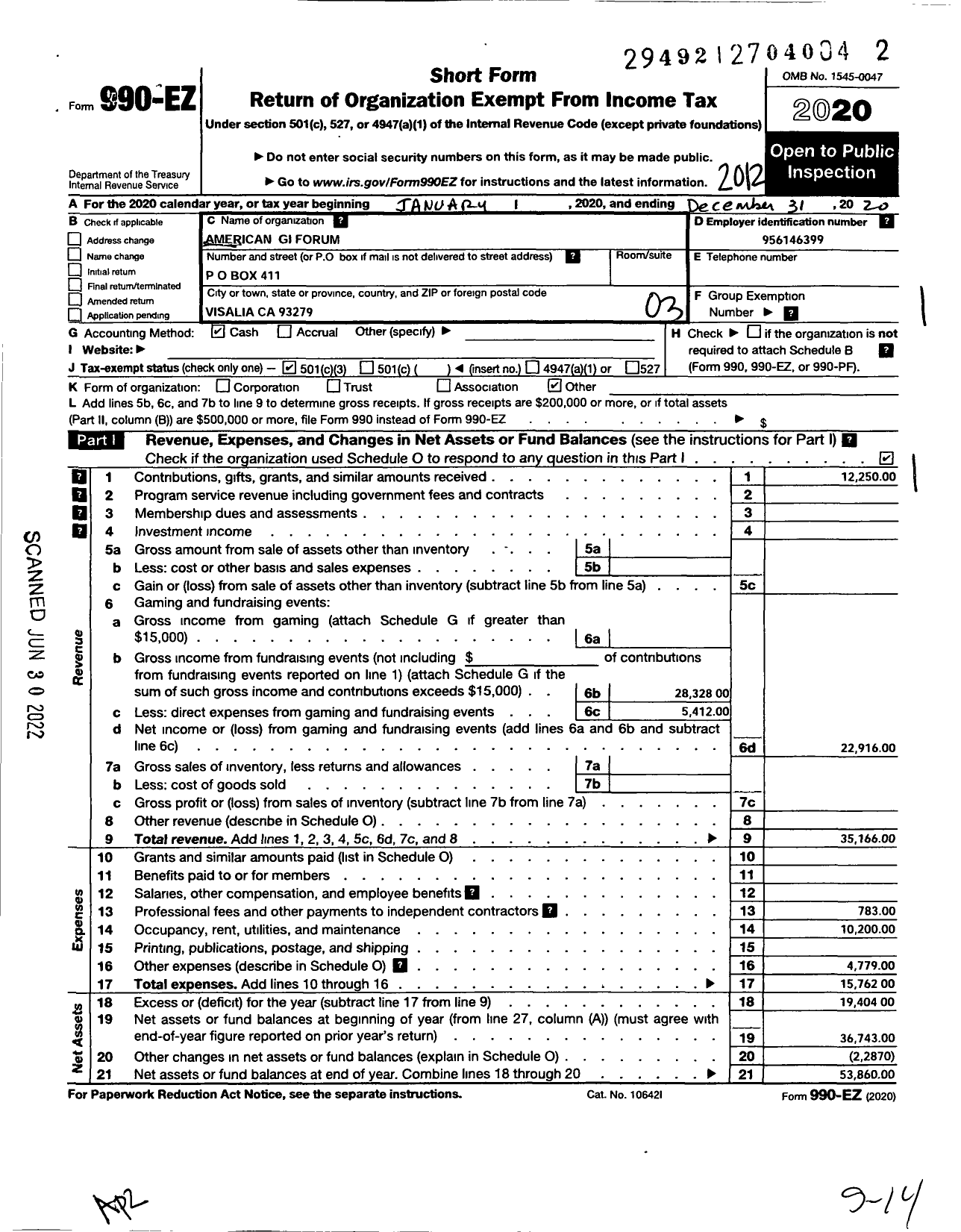 Image of first page of 2020 Form 990EZ for American Gi Forum