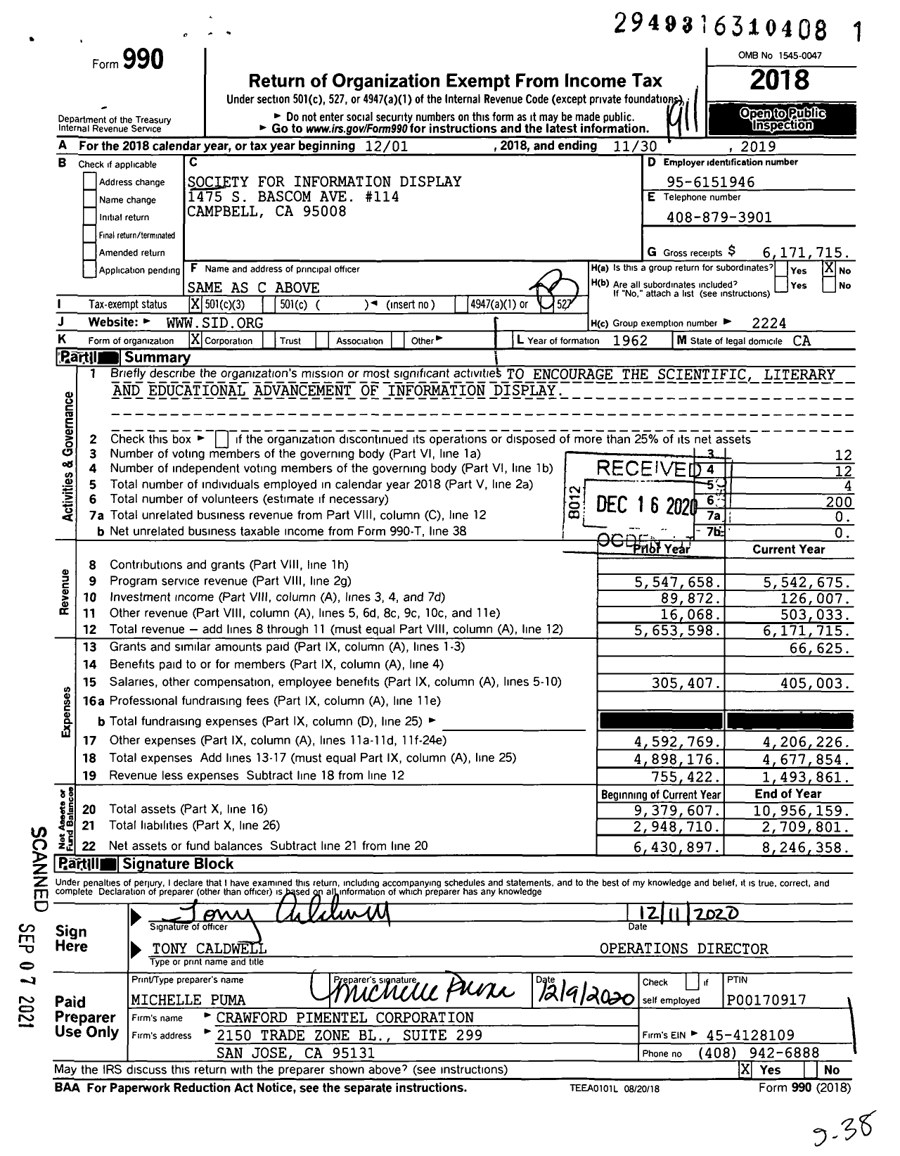 Image of first page of 2018 Form 990 for Society for Information Display (SID)