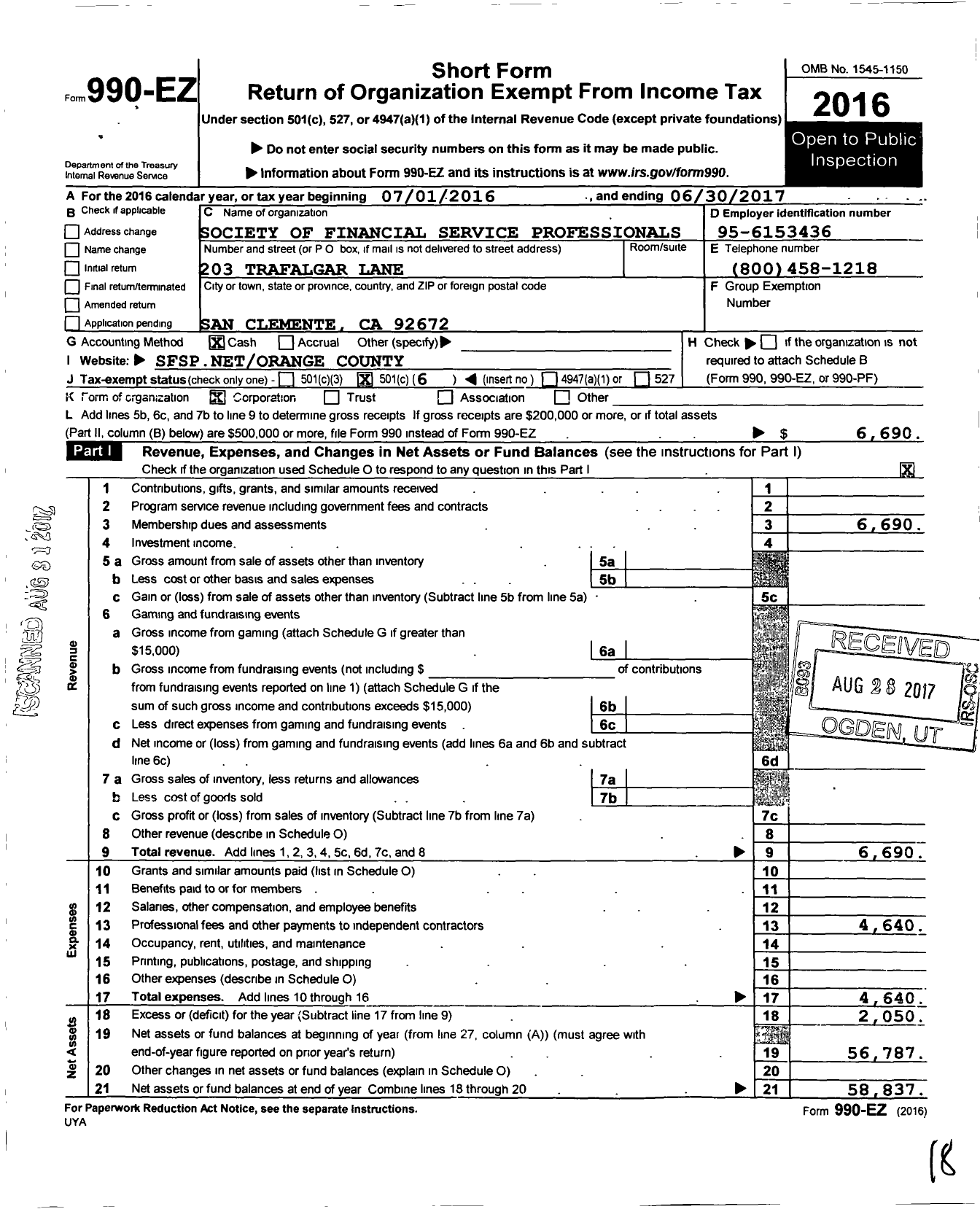 Image of first page of 2016 Form 990EO for Society of Financial Service Professionals Orange County Chapt