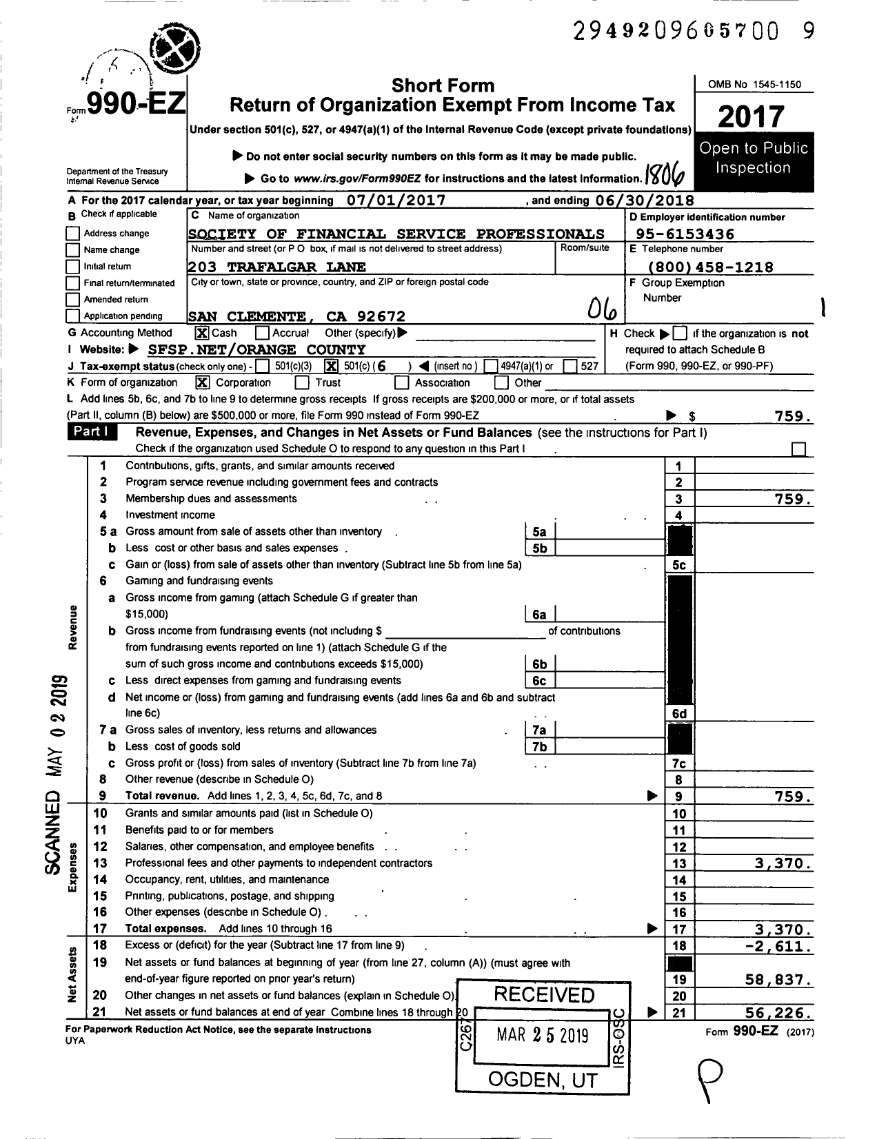 Image of first page of 2017 Form 990EO for Society of Financial Service Professionals Orange County Chapt