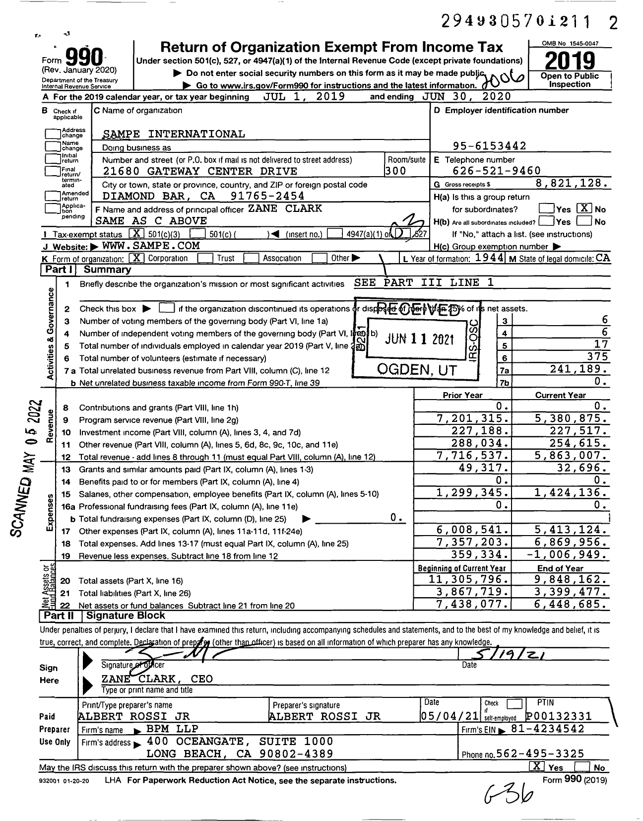 Image of first page of 2019 Form 990 for Society for the Advancement of Material and Process Engineering / Sampe