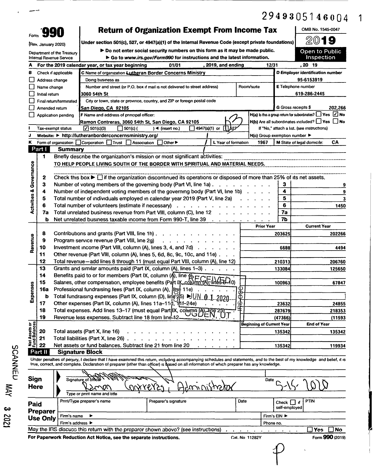 Image of first page of 2019 Form 990 for Lutheran Border Concerns Ministry