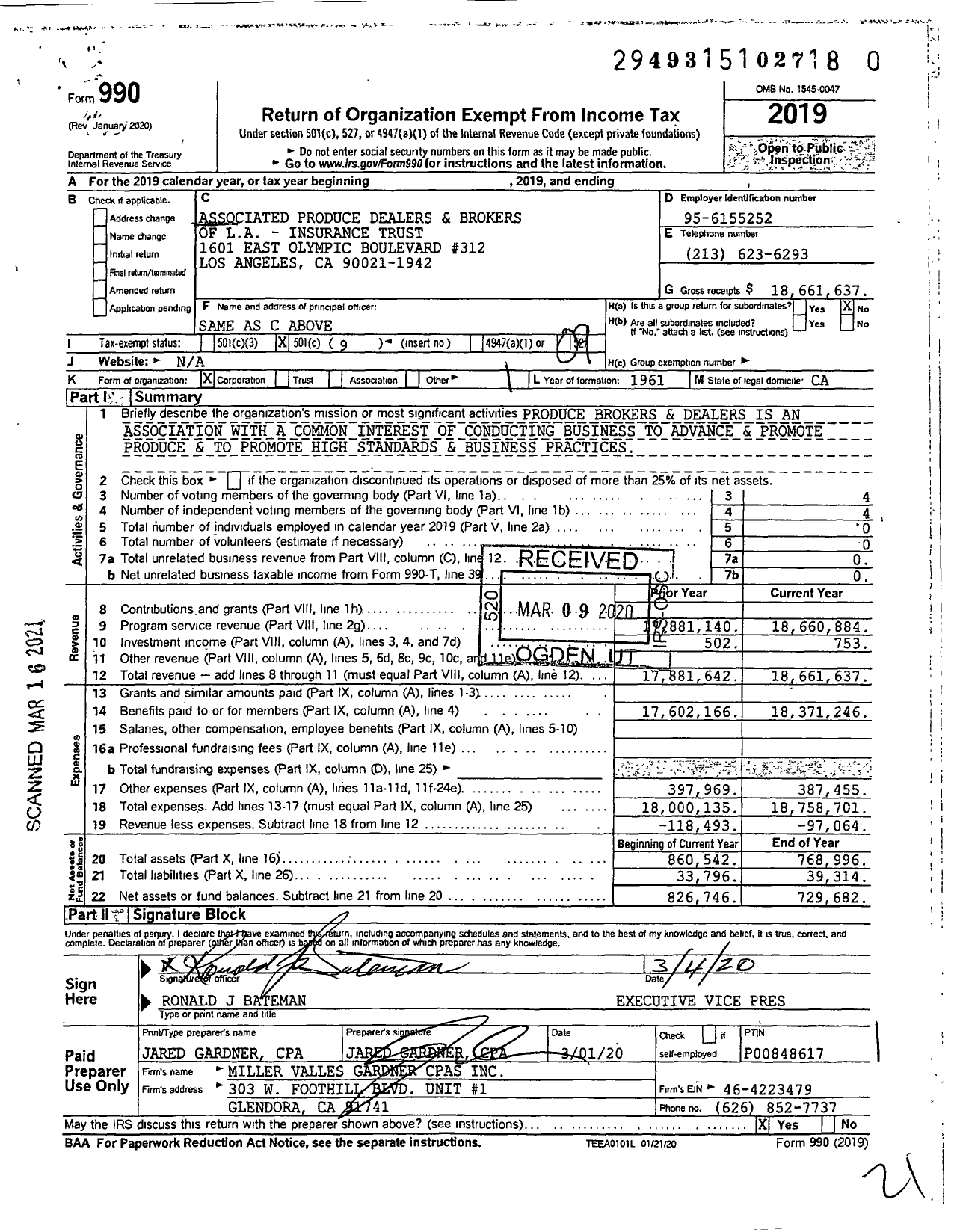 Image of first page of 2019 Form 990O for Associated Produce Dealers and Brokers TR of La - Insurance Trust