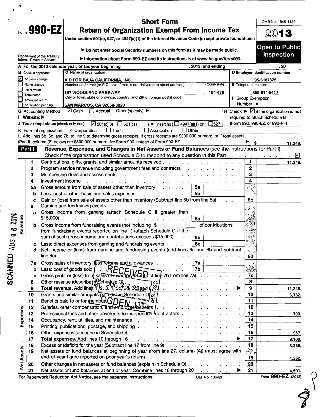 Image of first page of 2013 Form 990EZ for Aid for Baja California