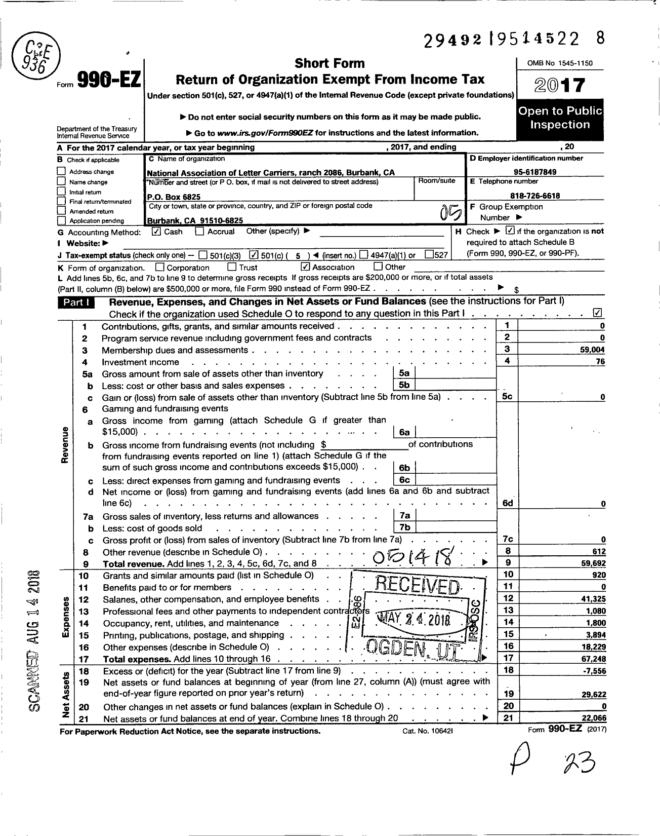 Image of first page of 2017 Form 990EO for National Association of Letter Carriers - J Stanly Lewis Branch 2086