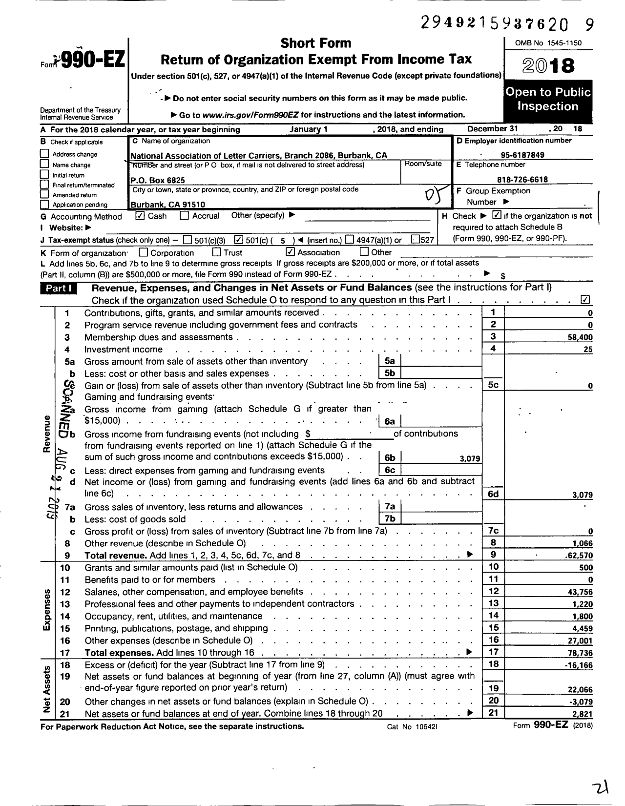 Image of first page of 2018 Form 990EO for National Association of Letter Carriers - J Stanly Lewis Branch 2086