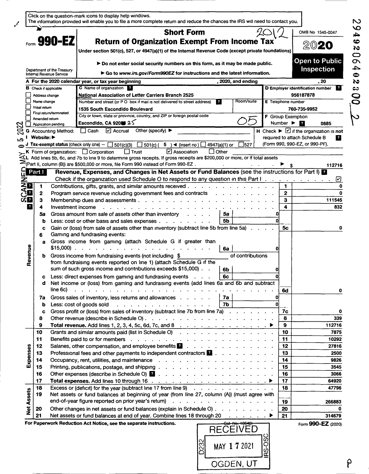 Image of first page of 2020 Form 990EO for National Association of Letter Carriers - 2525 Escondido California