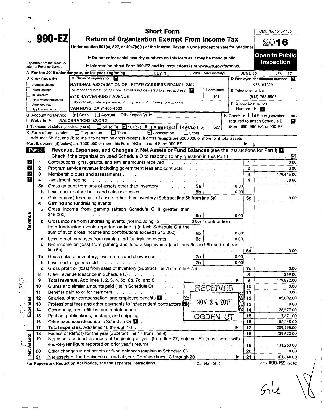 Image of first page of 2016 Form 990EO for National Association of Letter Carriers - 2462 Heart of the Valley Branch