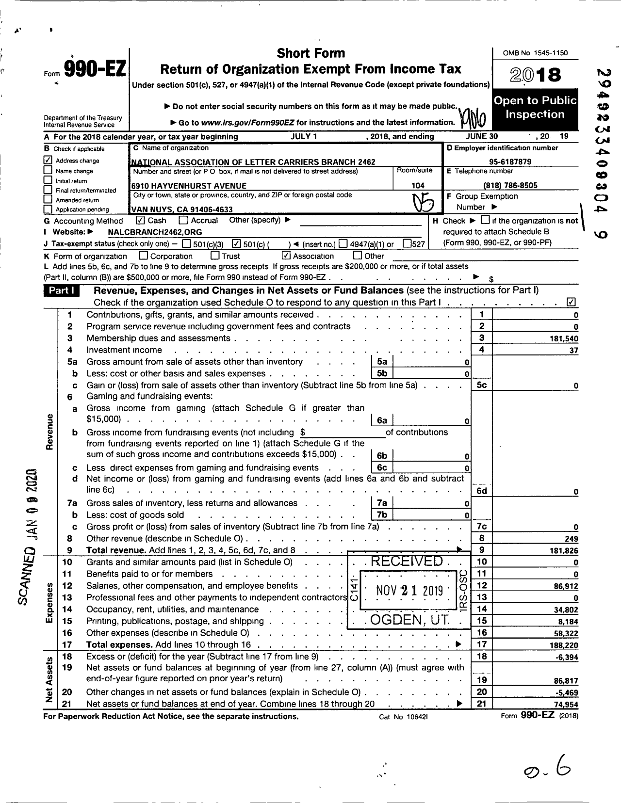 Image of first page of 2018 Form 990EO for National Association of Letter Carriers - 2462 Heart of the Valley Branch