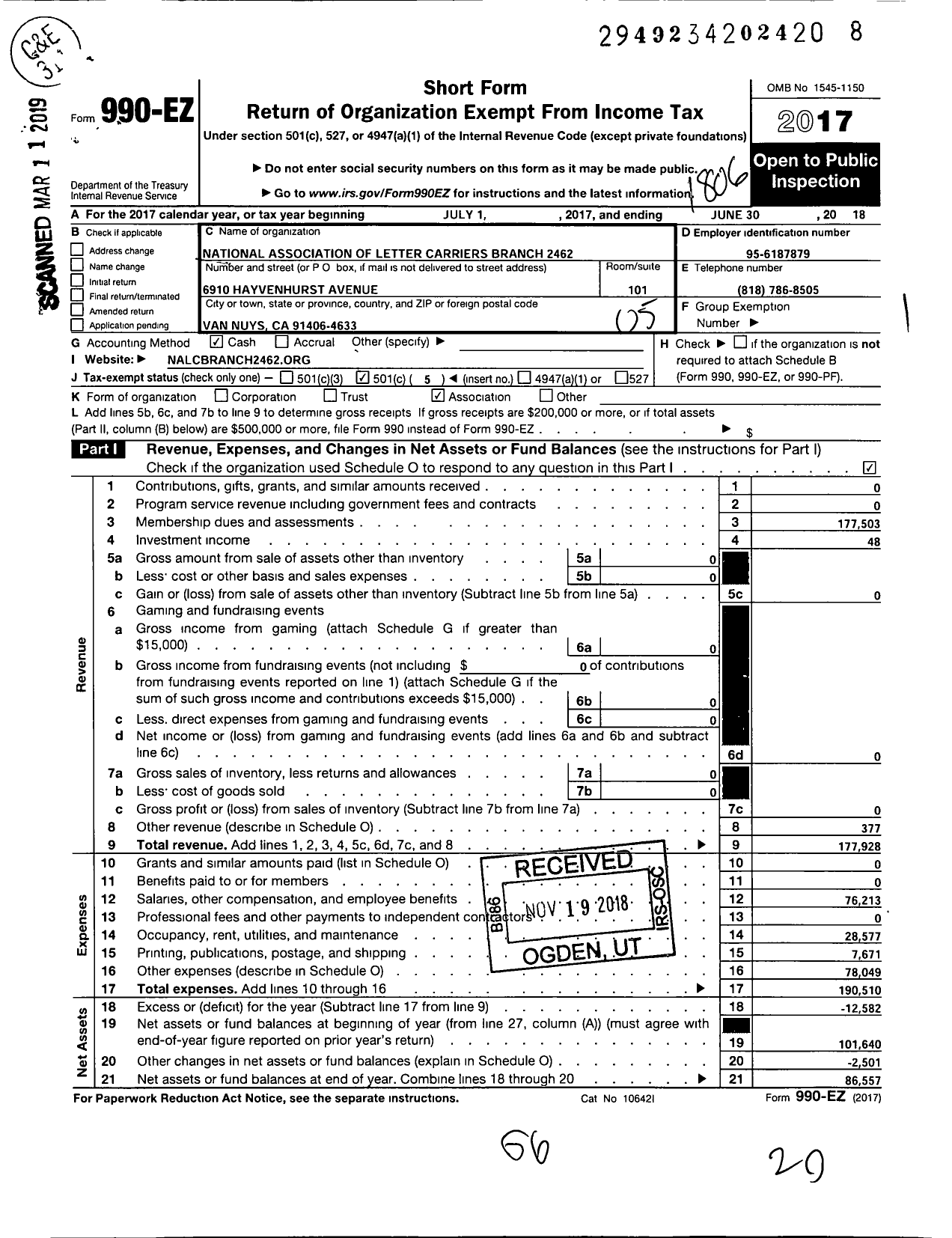 Image of first page of 2017 Form 990EO for National Association of Letter Carriers - 2462 Heart of the Valley Branch