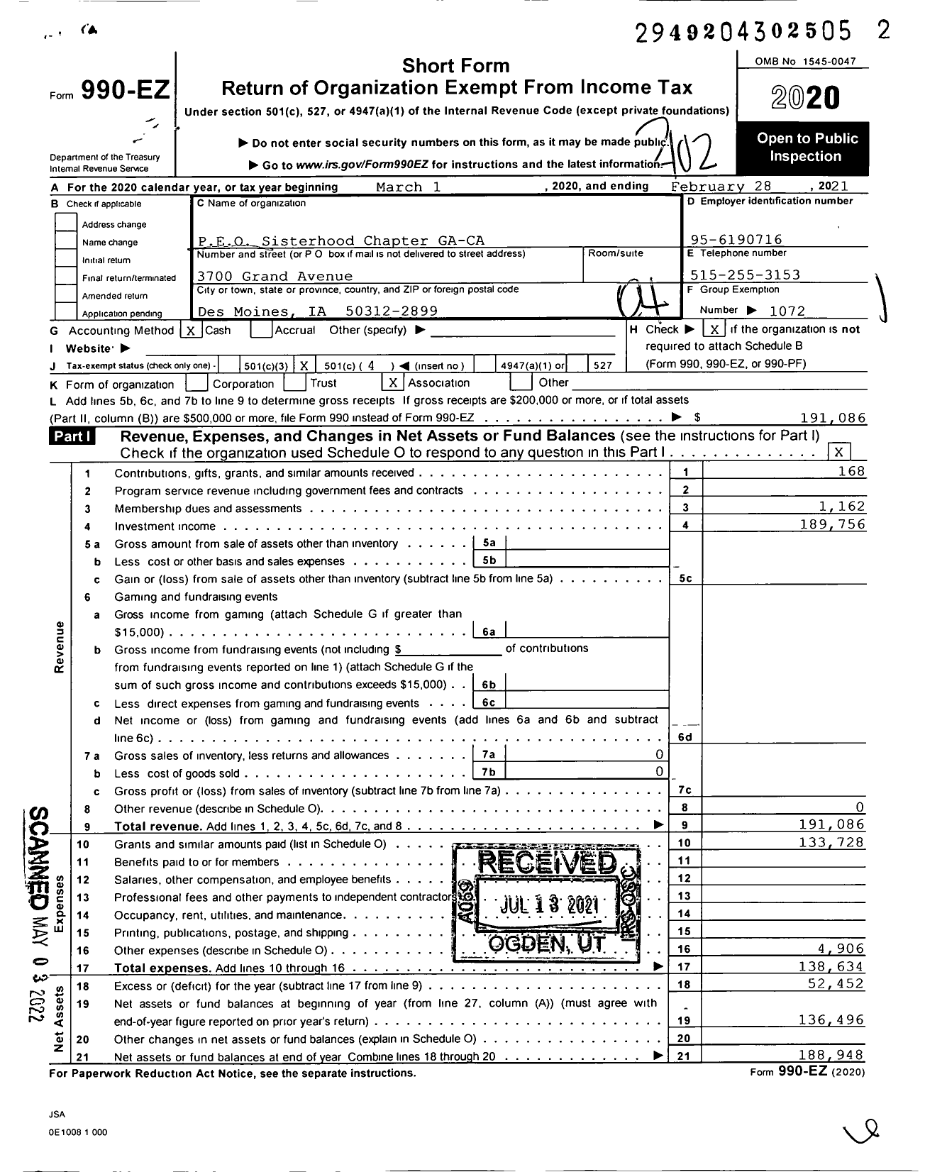 Image of first page of 2020 Form 990EO for PEO Sisterhood International - GA-CA