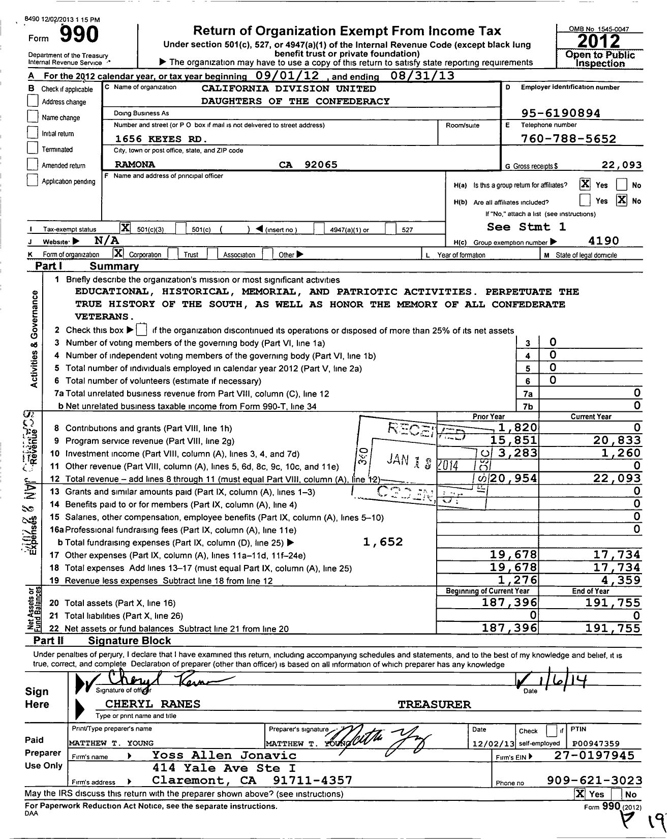 Image of first page of 2012 Form 990 for United Daughters of the Confederacy / California Division