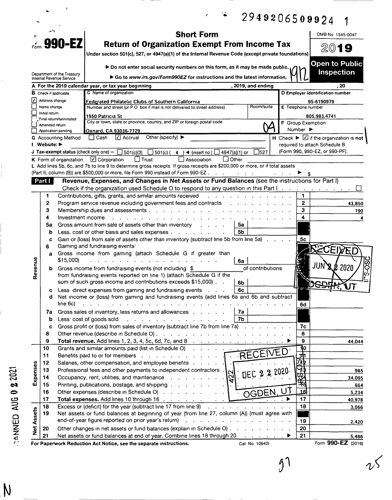 Image of first page of 2019 Form 990EO for Federated Philatelic Clubs of Southern California