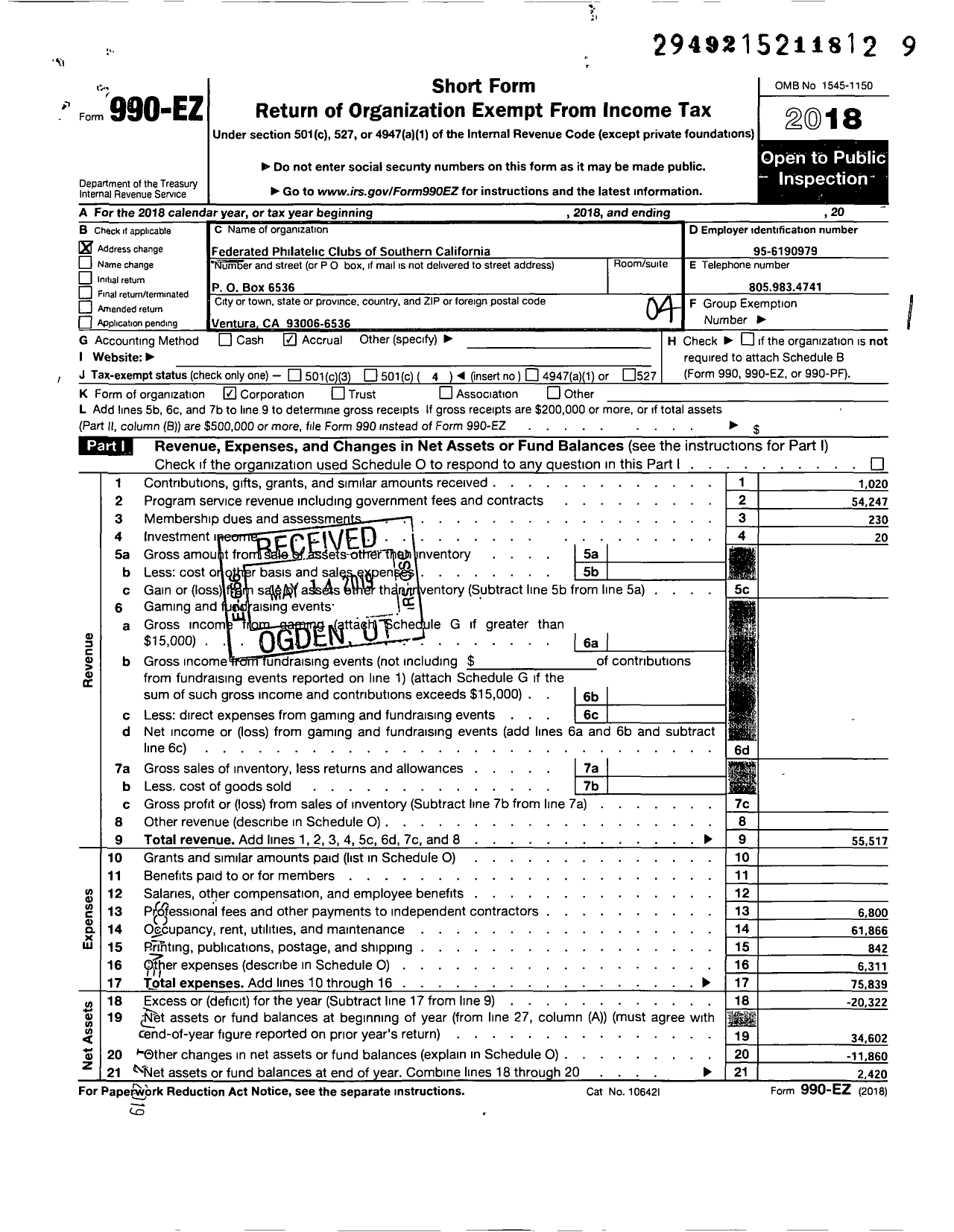 Image of first page of 2018 Form 990EO for Federated Philatelic Clubs of Southern California