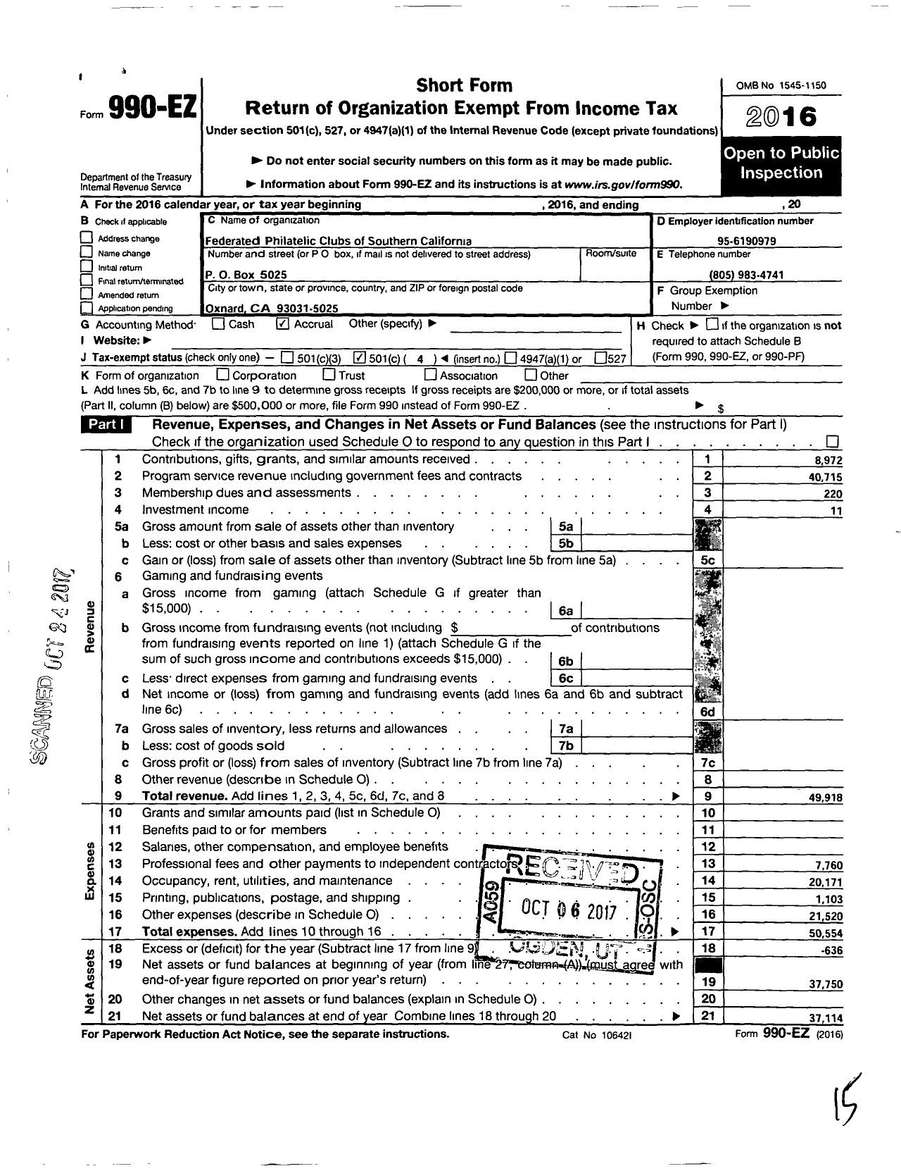 Image of first page of 2016 Form 990EO for Federated Philatelic Clubs of Southern California