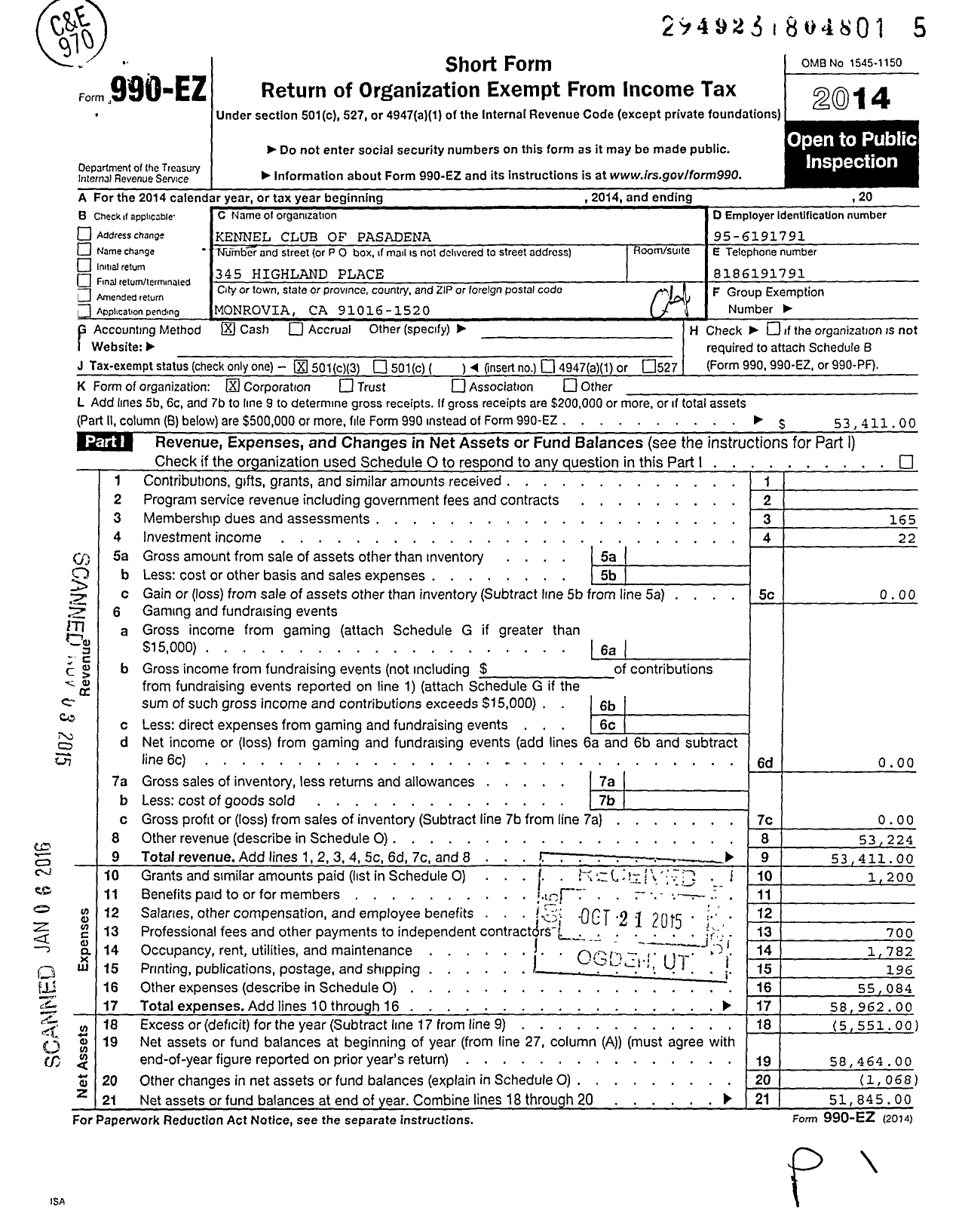 Image of first page of 2014 Form 990EZ for Kennel Club of Pasadena