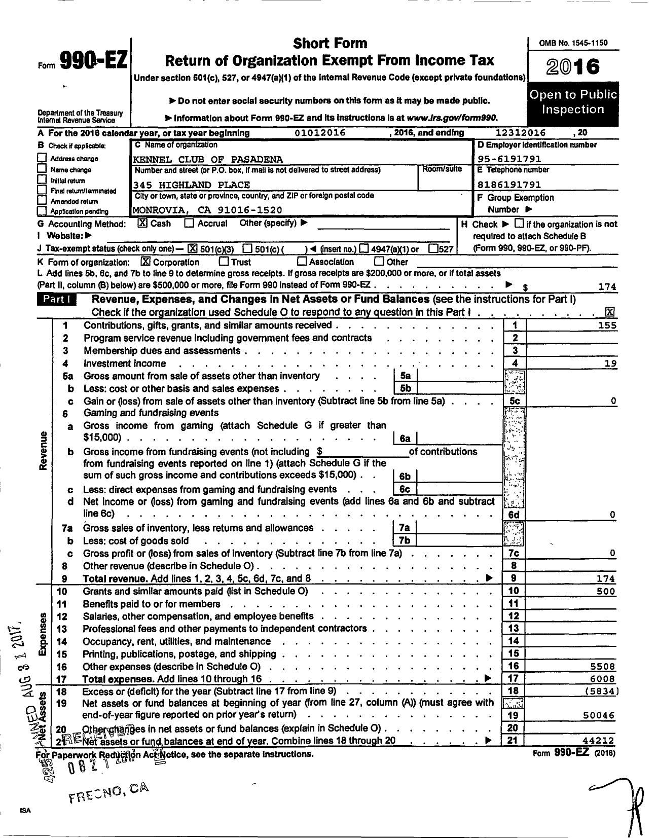 Image of first page of 2016 Form 990EZ for Kennel Club of Pasadena