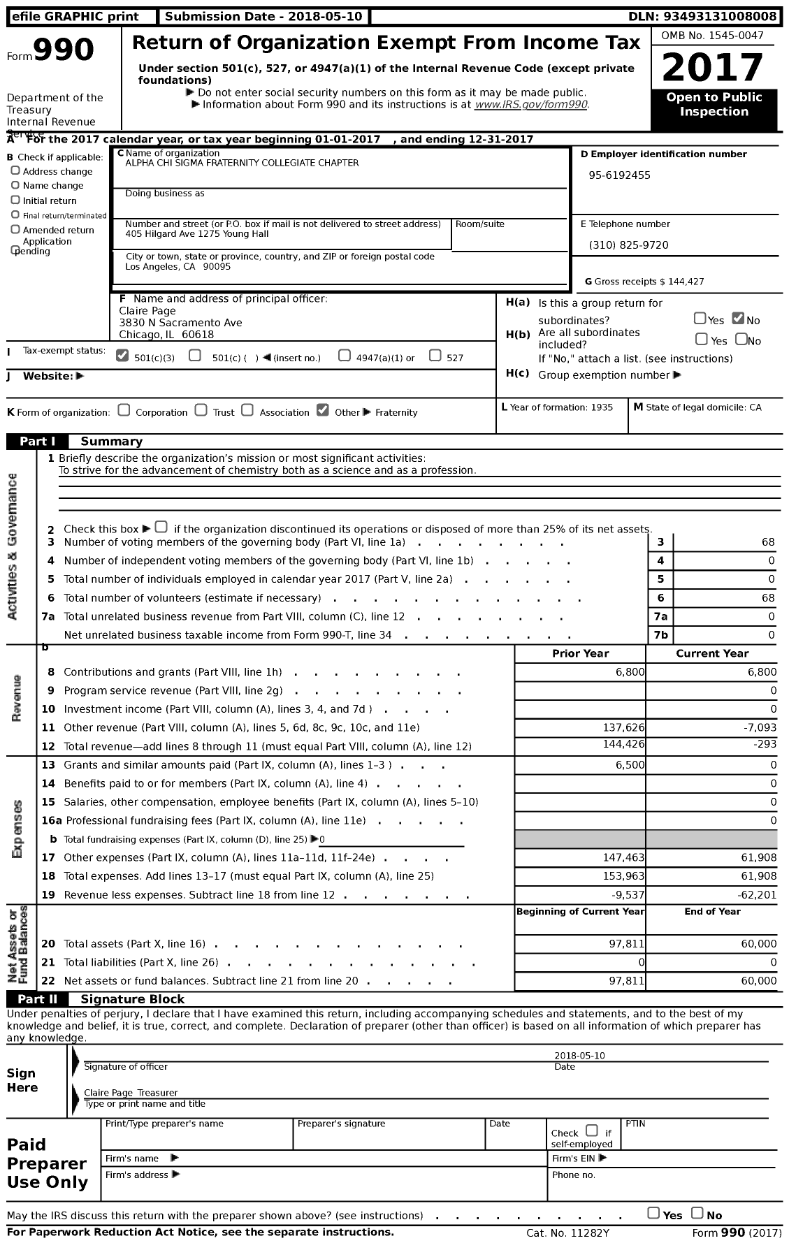 Image of first page of 2017 Form 990 for Alpha Chi Sigma Fraternity Collegiate Chapter / Beta Gamma Chapter