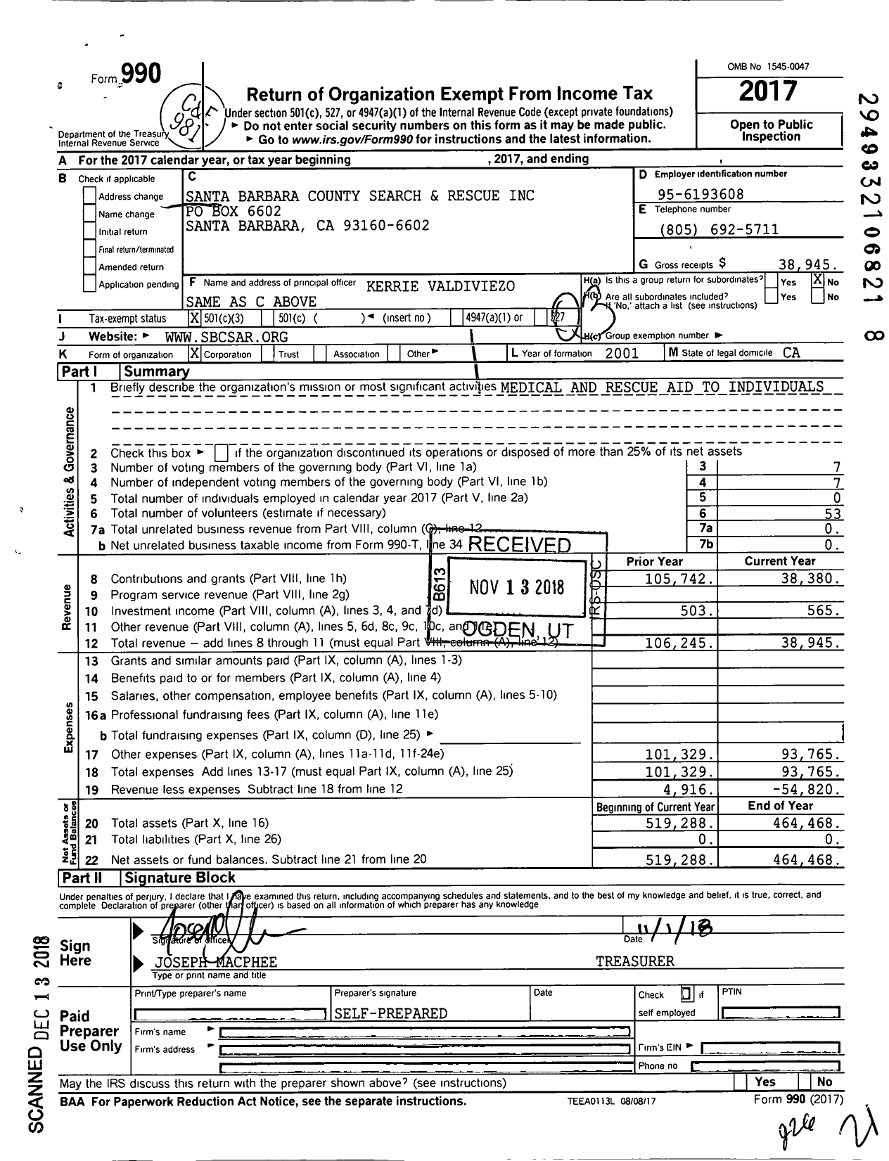 Image of first page of 2017 Form 990 for Santa Barbara County Search and Rescue