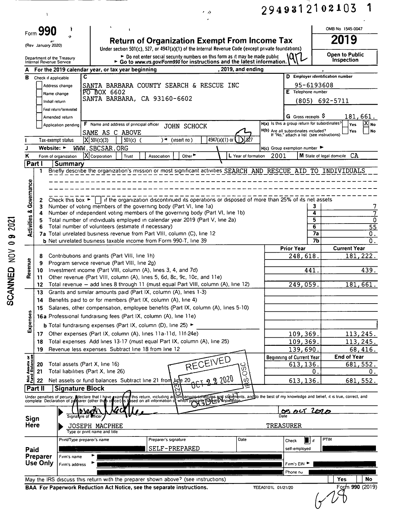 Image of first page of 2019 Form 990 for Santa Barbara County Search and Rescue