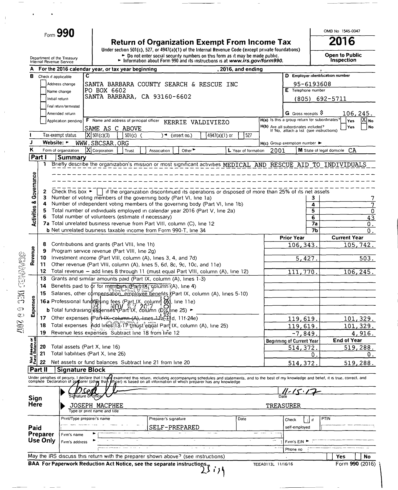 Image of first page of 2016 Form 990 for Santa Barbara County Search and Rescue