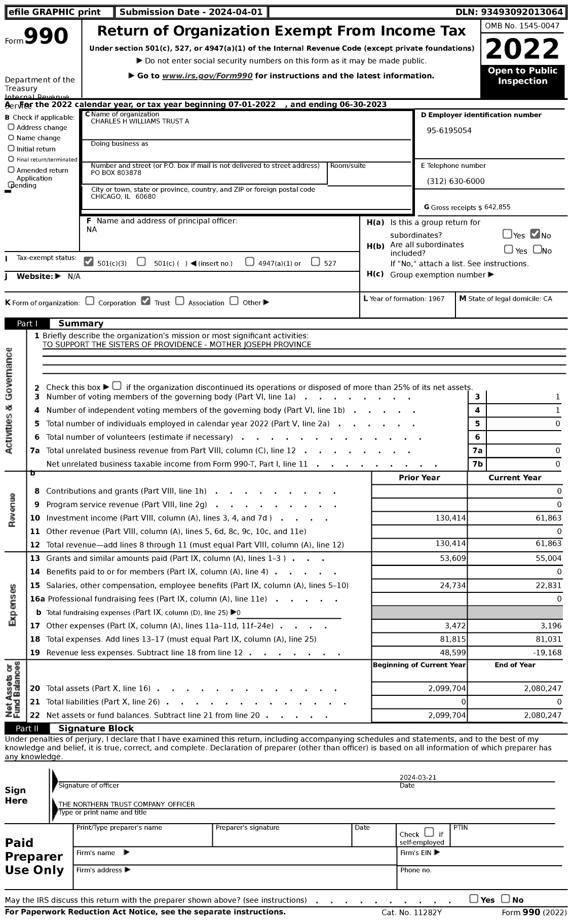 Image of first page of 2022 Form 990 for Charles H Williams Trust A