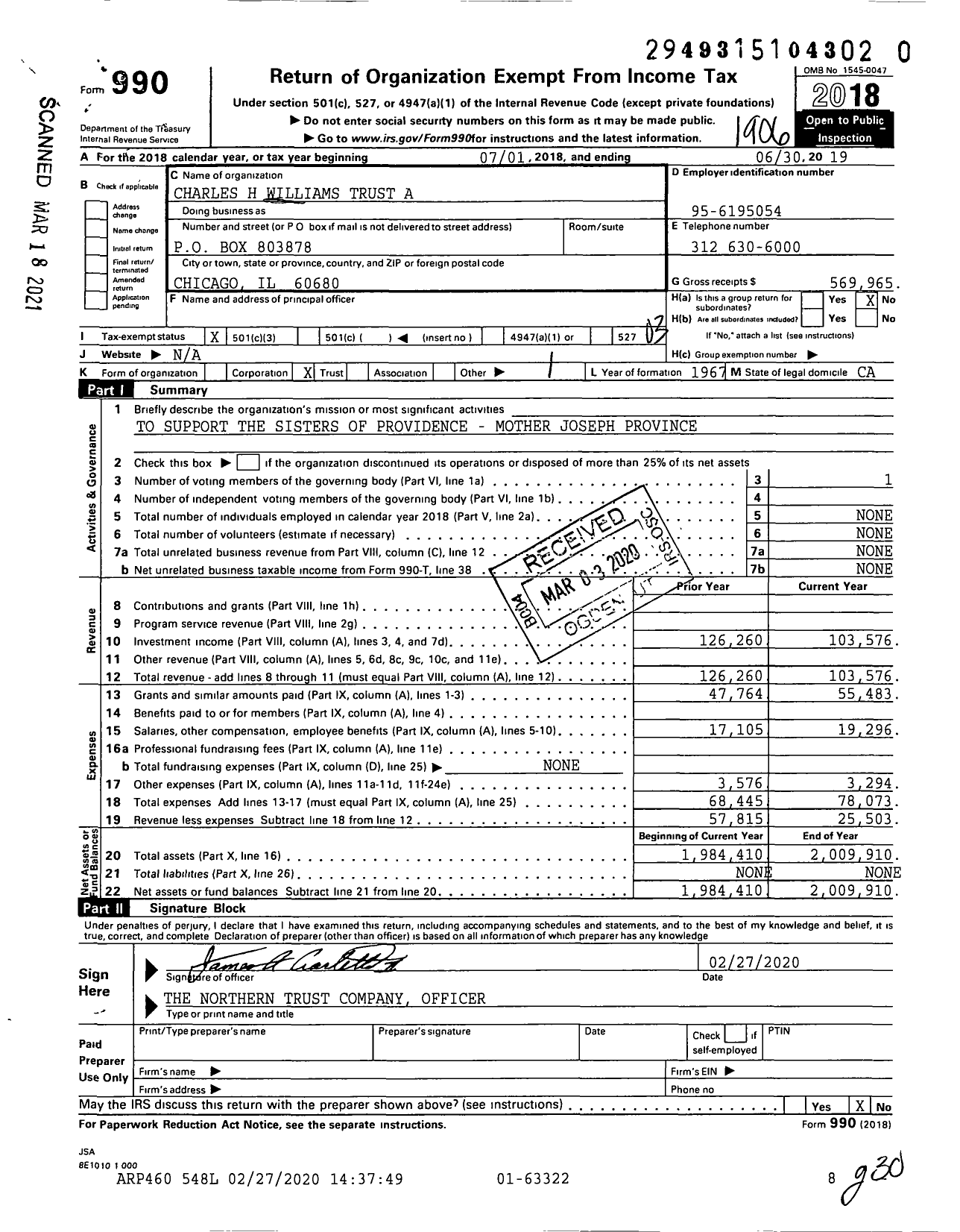 Image of first page of 2018 Form 990 for Charles H Williams Trust A