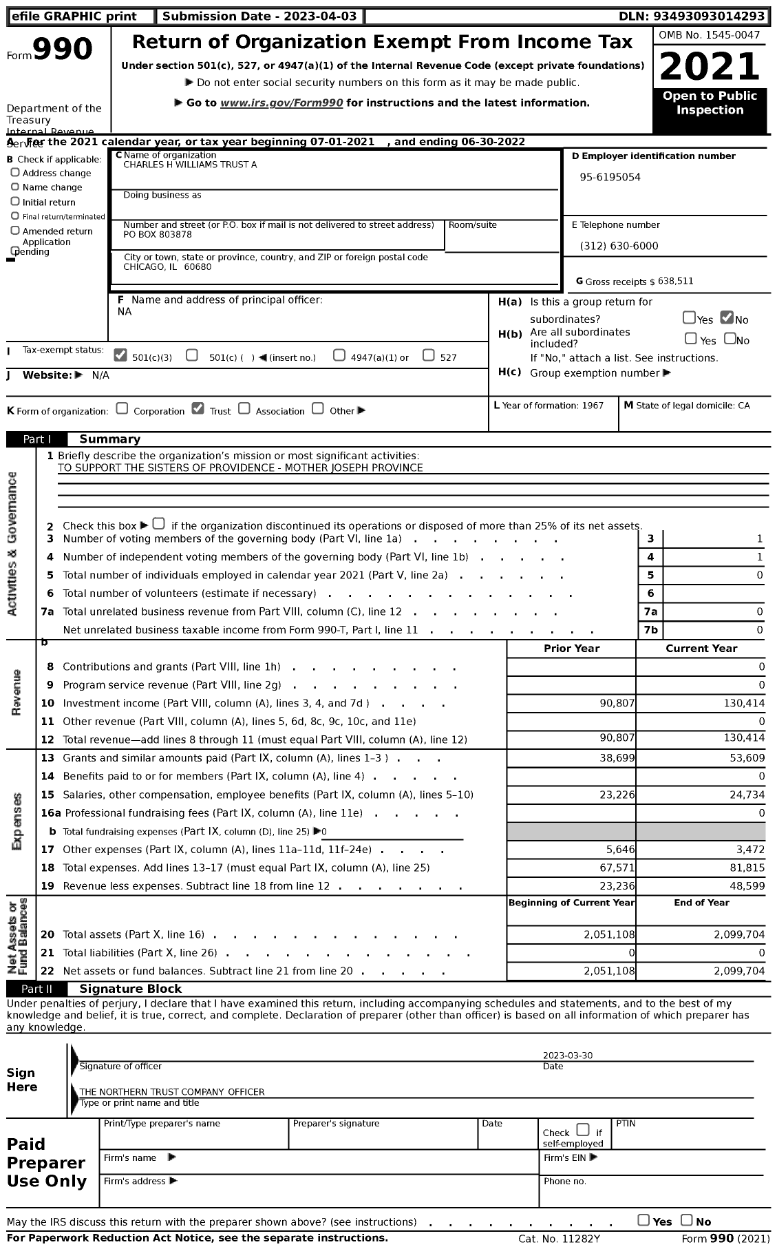 Image of first page of 2021 Form 990 for Charles H Williams Trust A