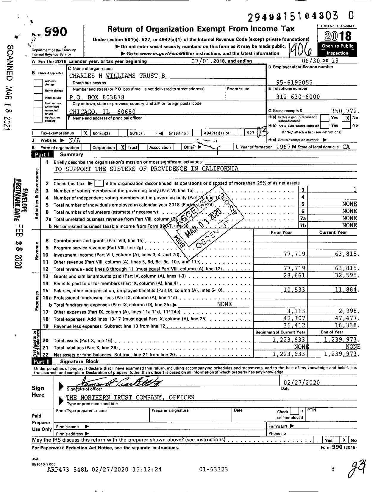 Image of first page of 2018 Form 990 for Charles H Williams Trust B