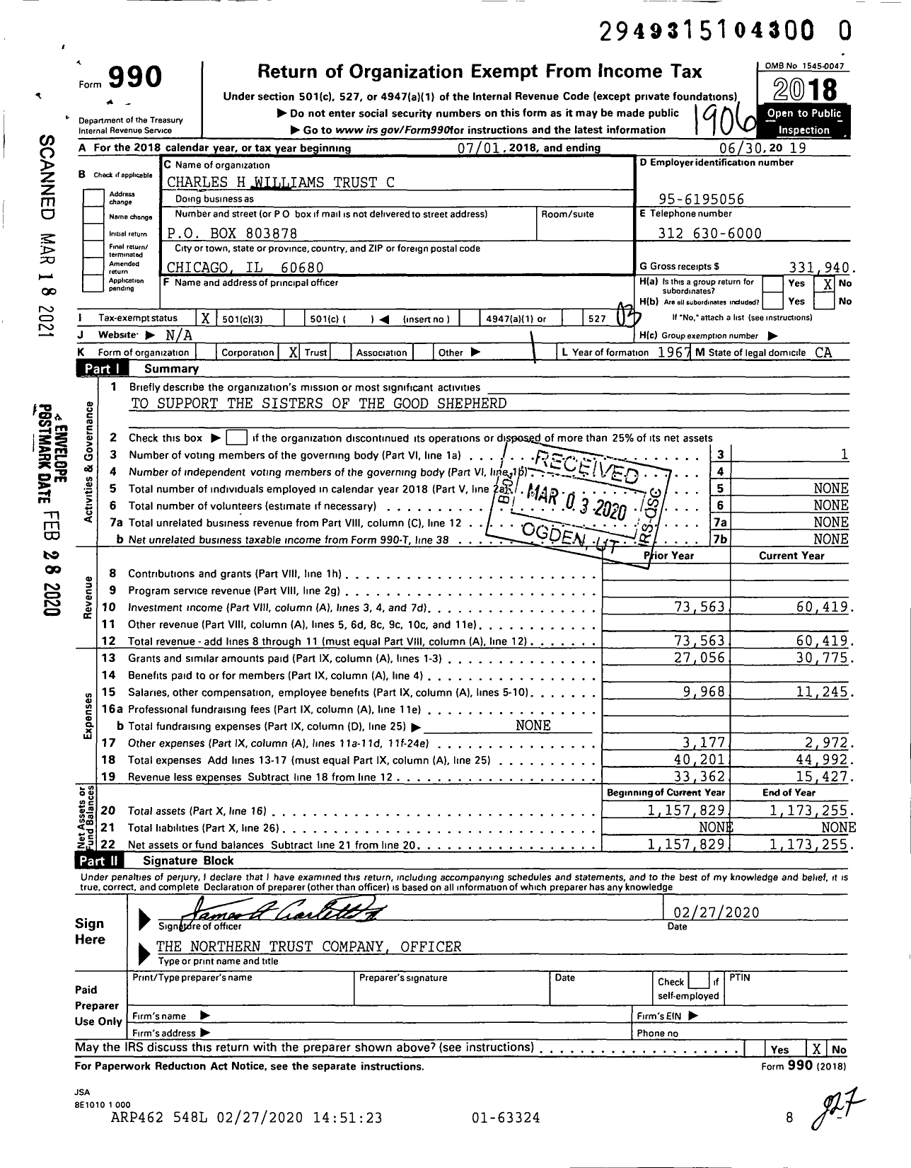 Image of first page of 2018 Form 990 for Charles H Williams Trust C