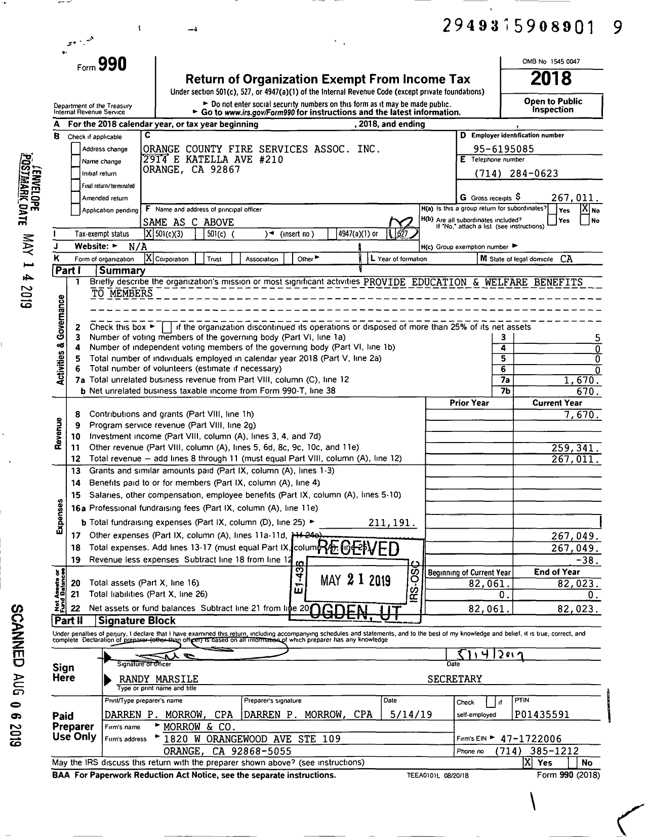 Image of first page of 2018 Form 990 for Orange County Fire Services Assoc