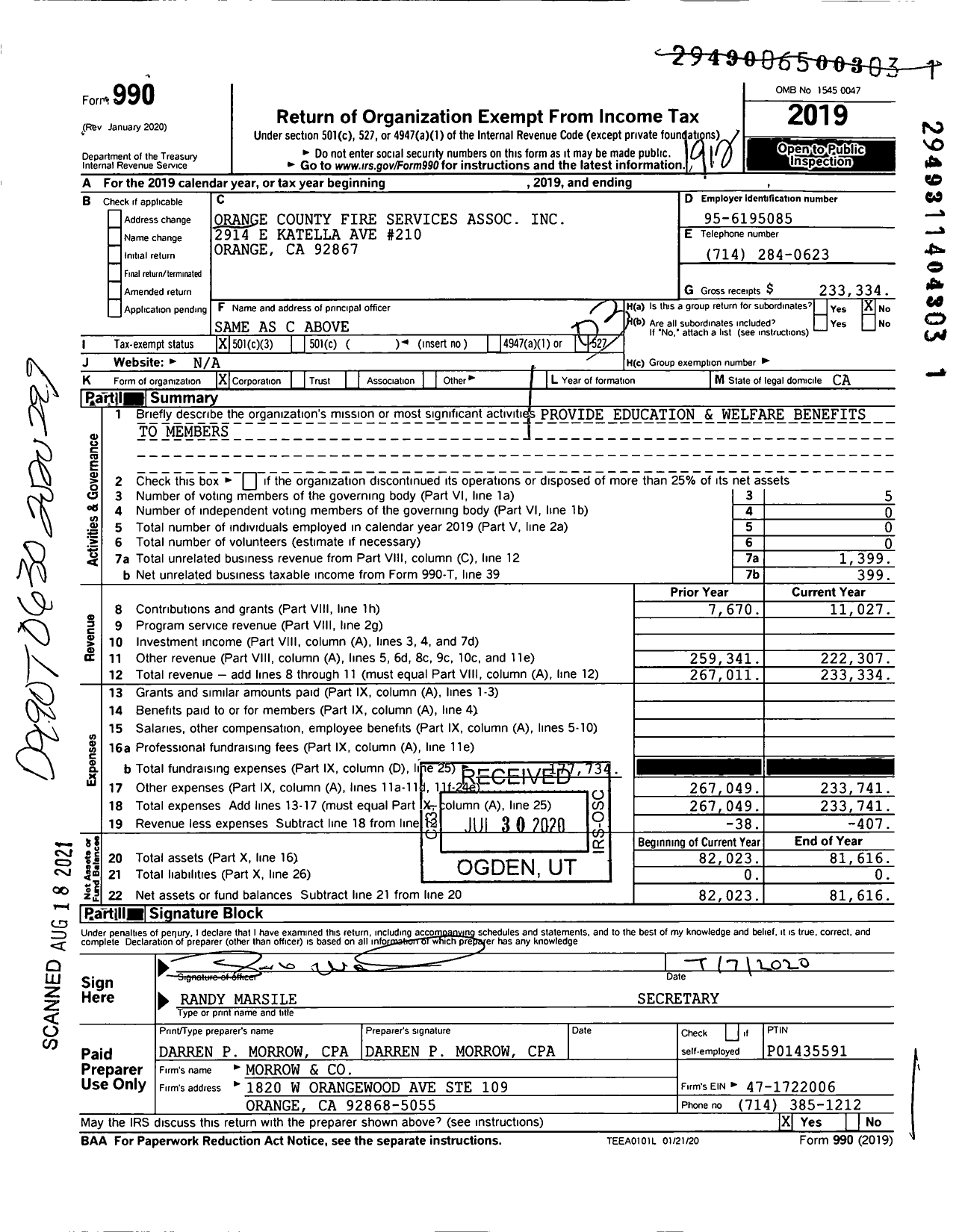 Image of first page of 2019 Form 990 for Orange County Fire Services Assoc