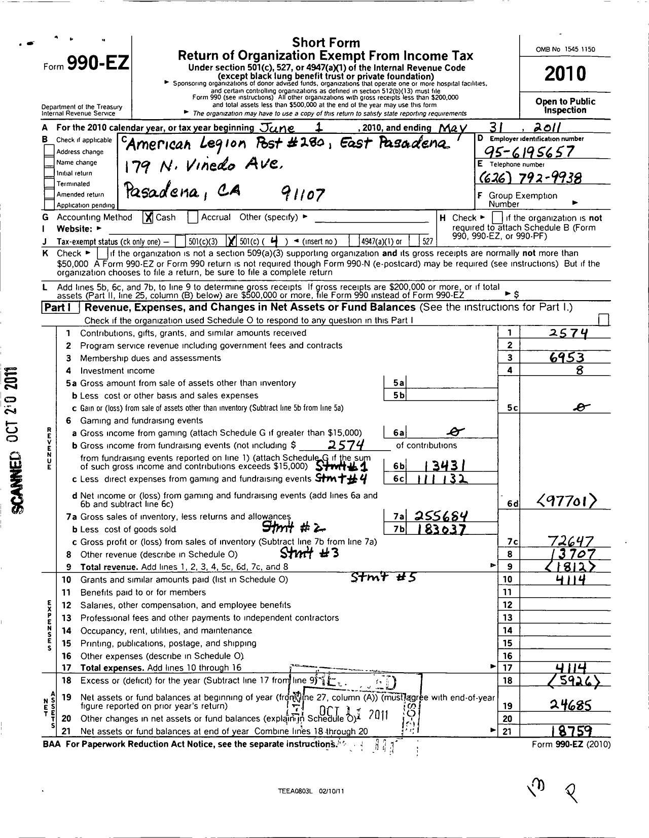 Image of first page of 2010 Form 990EO for East Pasadena Post of The American Legion No 280