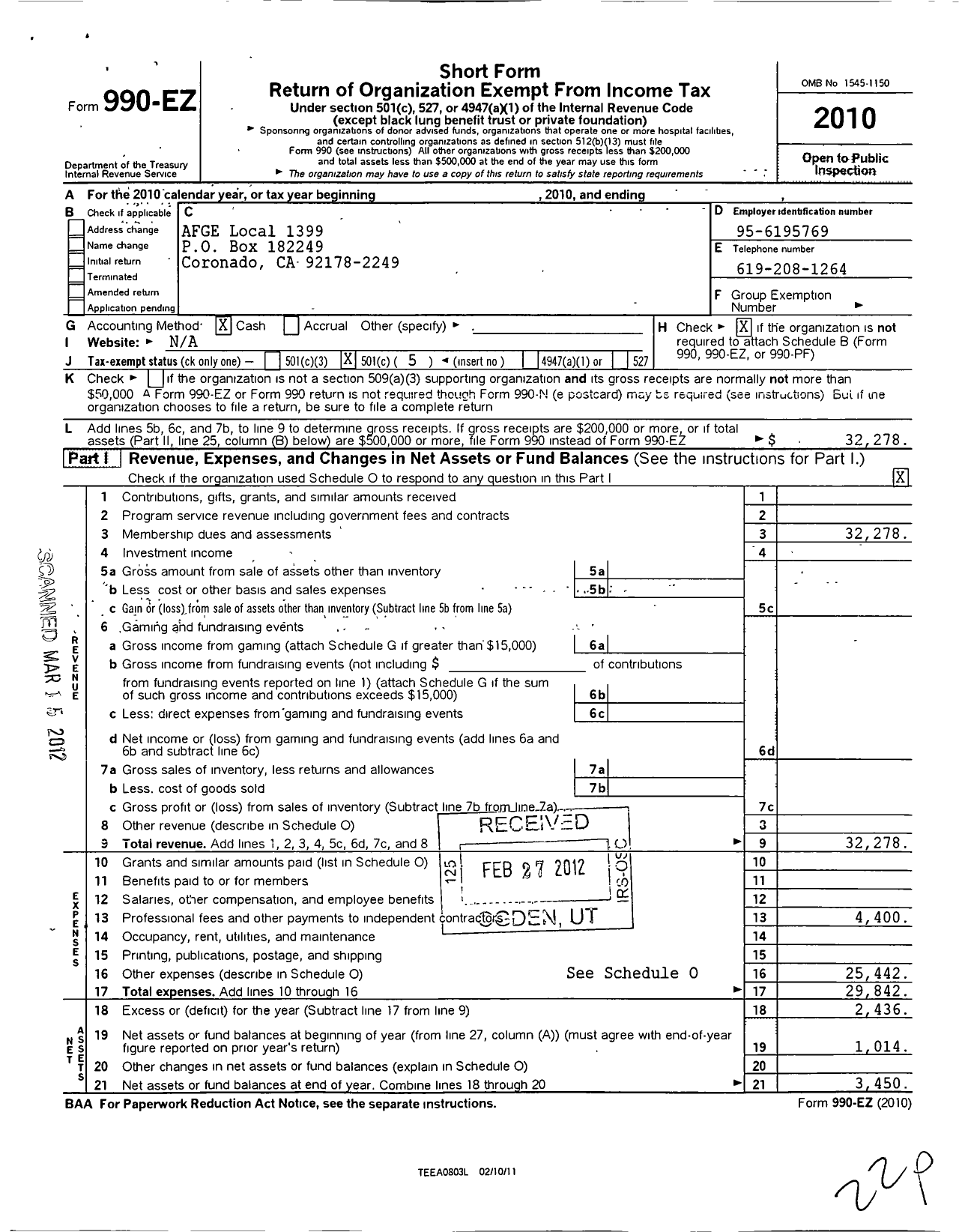 Image of first page of 2010 Form 990EO for American Federation of Government Employees - 1399 Afge Local