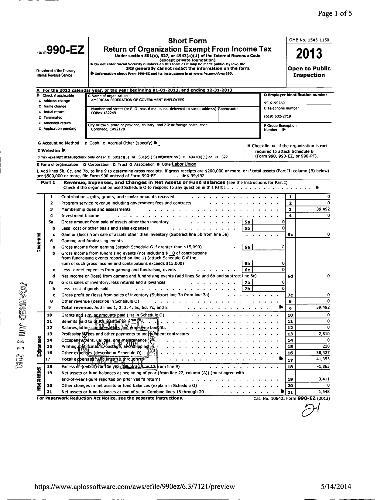 Image of first page of 2013 Form 990EO for American Federation of Government Employees - 1399 Afge Local