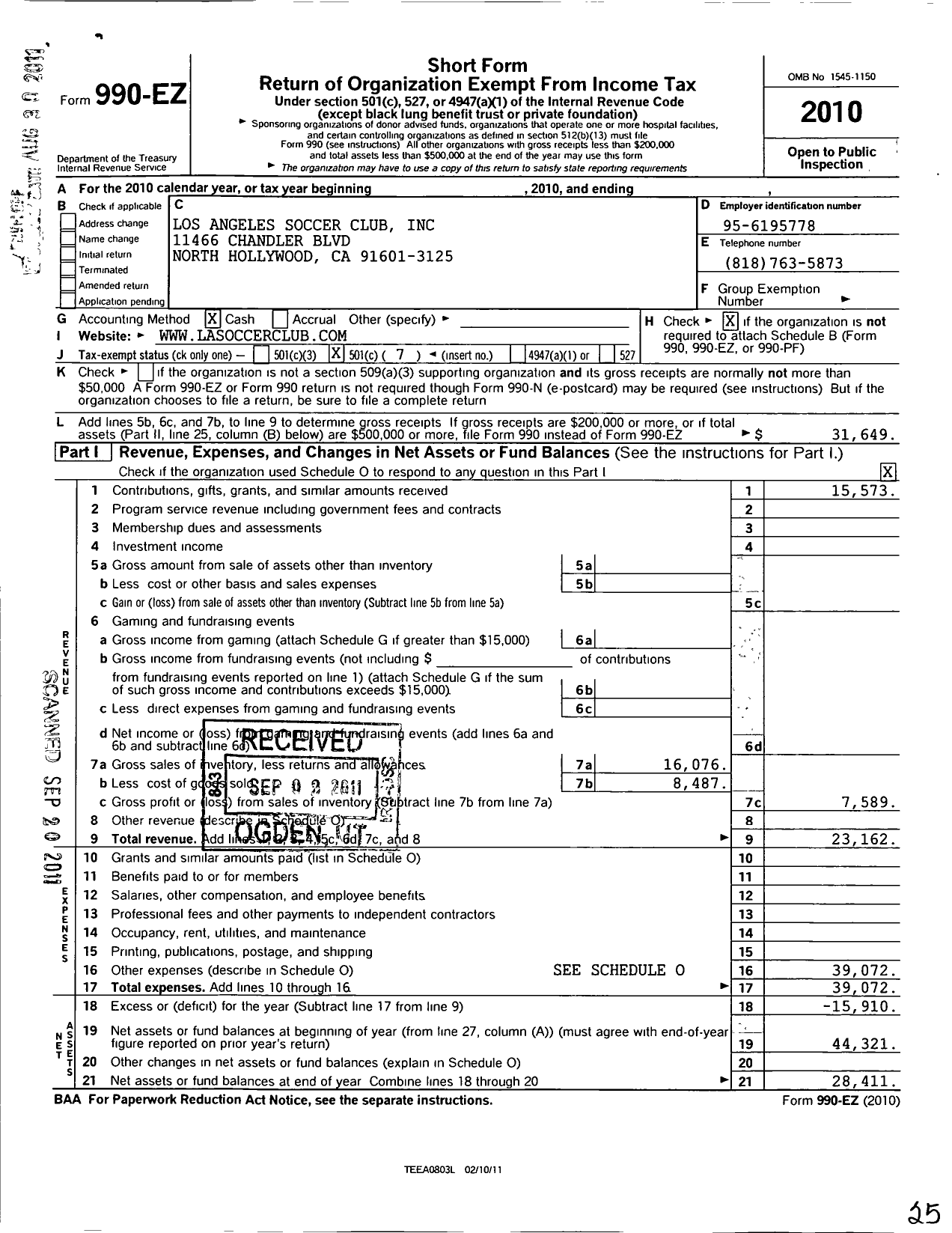 Image of first page of 2010 Form 990EO for Los Angeles Soccer Club