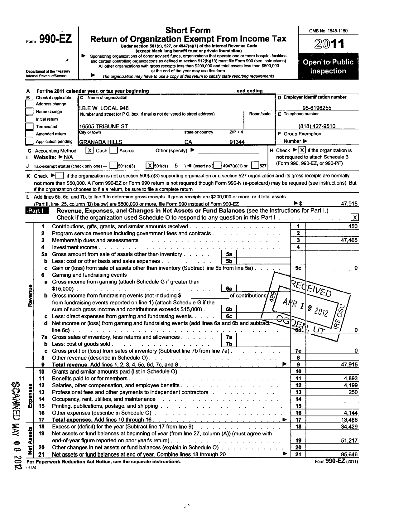 Image of first page of 2011 Form 990EO for International Brotherhood of Electrical Workers - 0946 Local Union