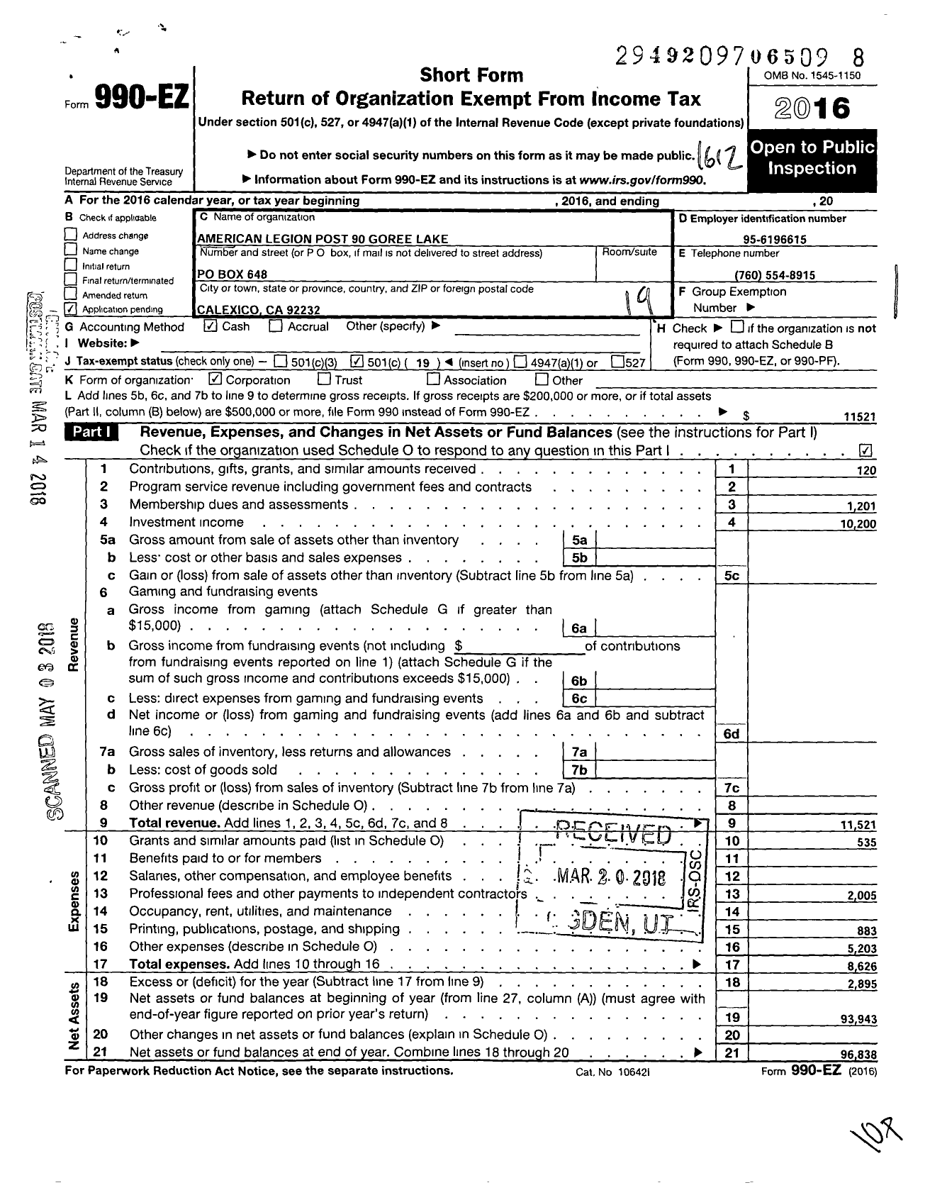 Image of first page of 2016 Form 990EO for American Legion