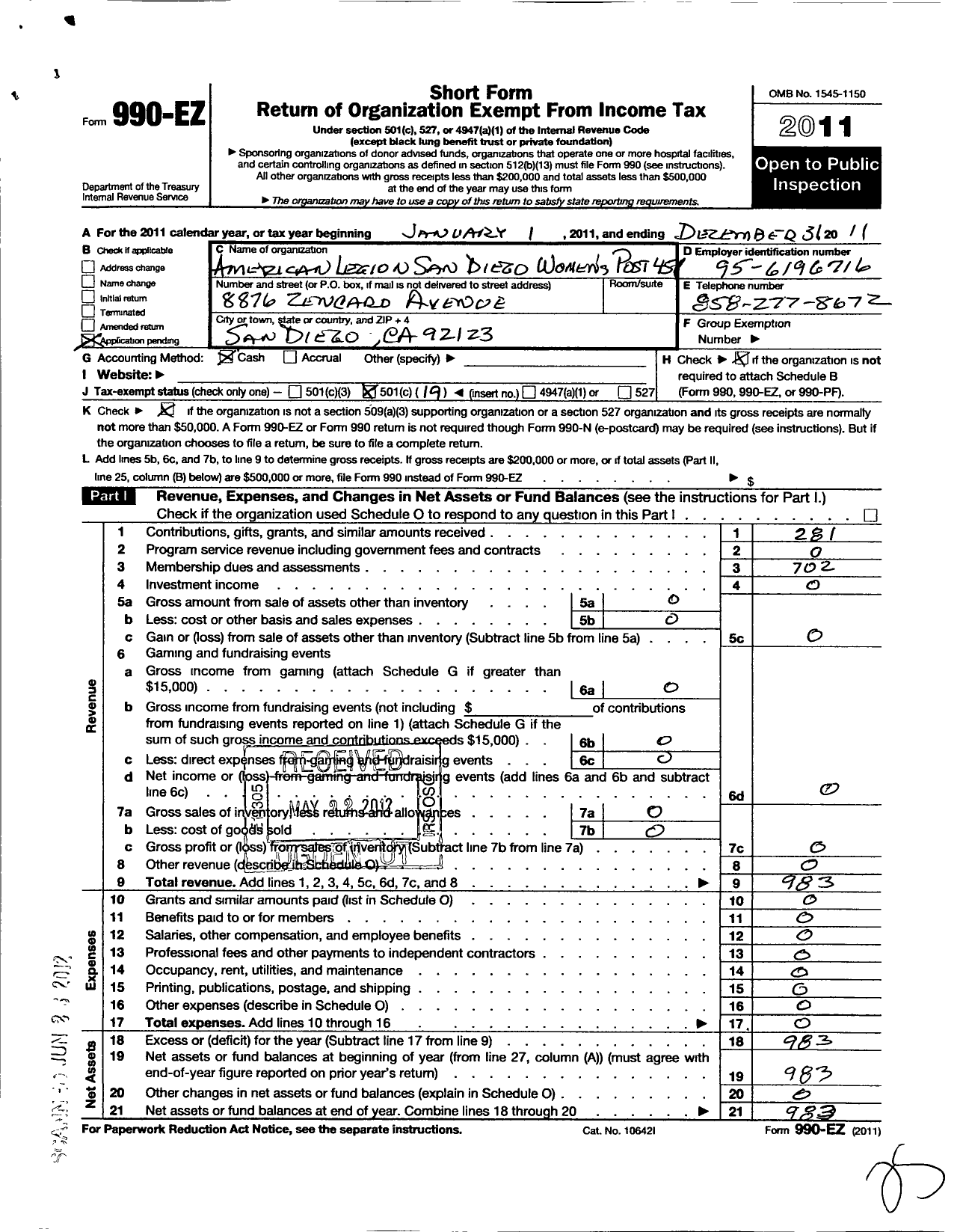 Image of first page of 2011 Form 990EO for American Legion San Diego Womens Post 451